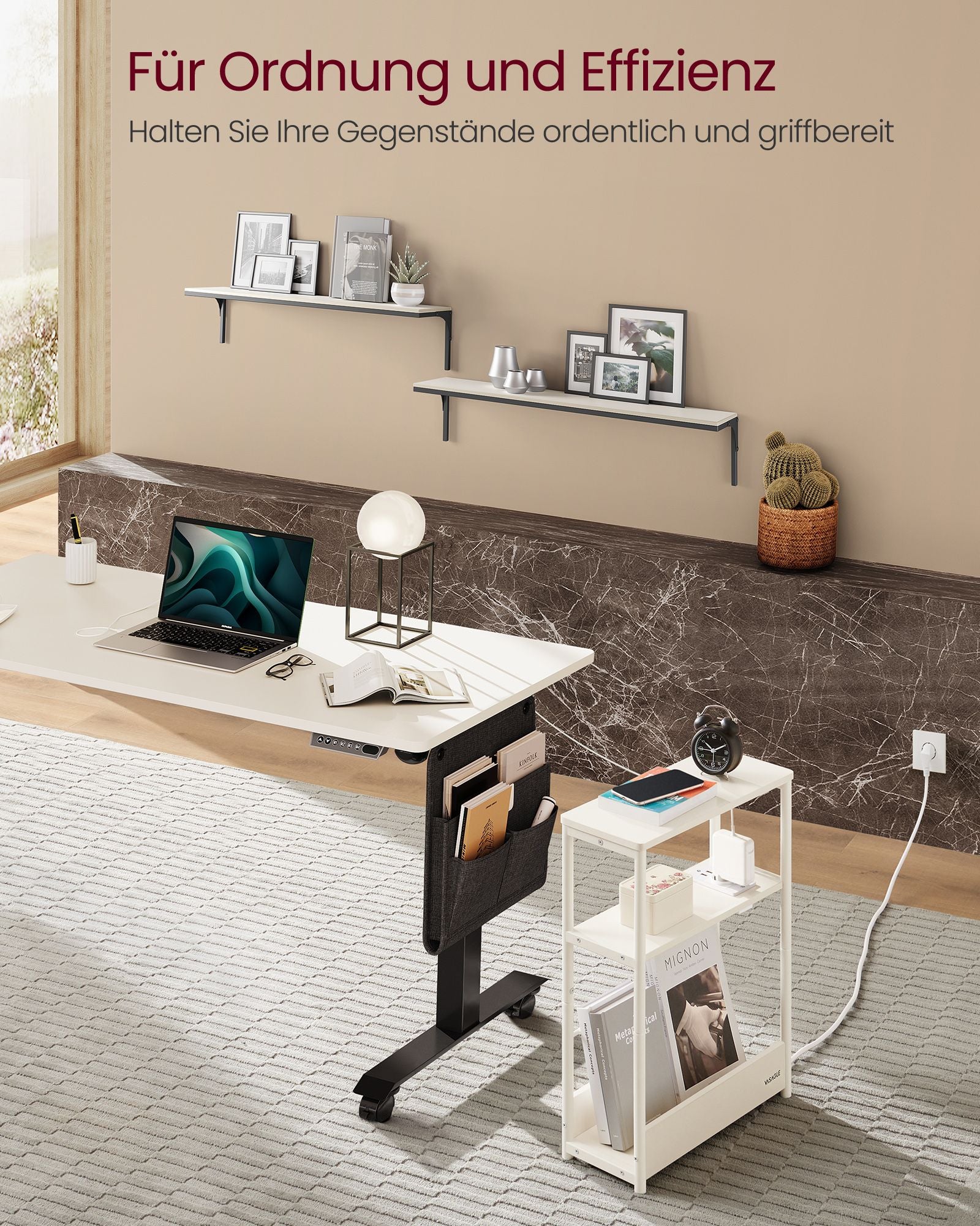 Sidobord - med 3 hyllor - smal - gräddevit