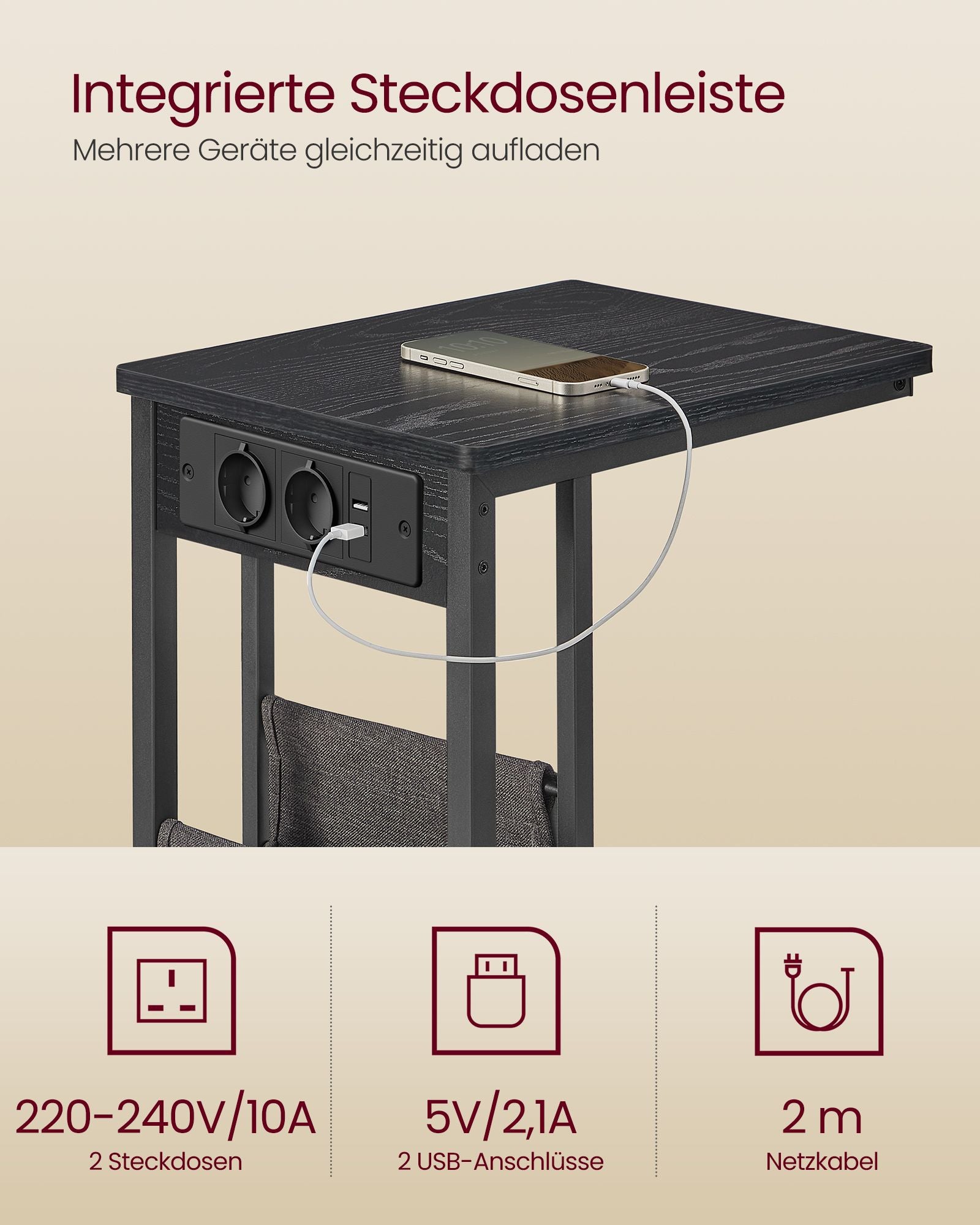 C-format sidobord med 2 svarta uttag