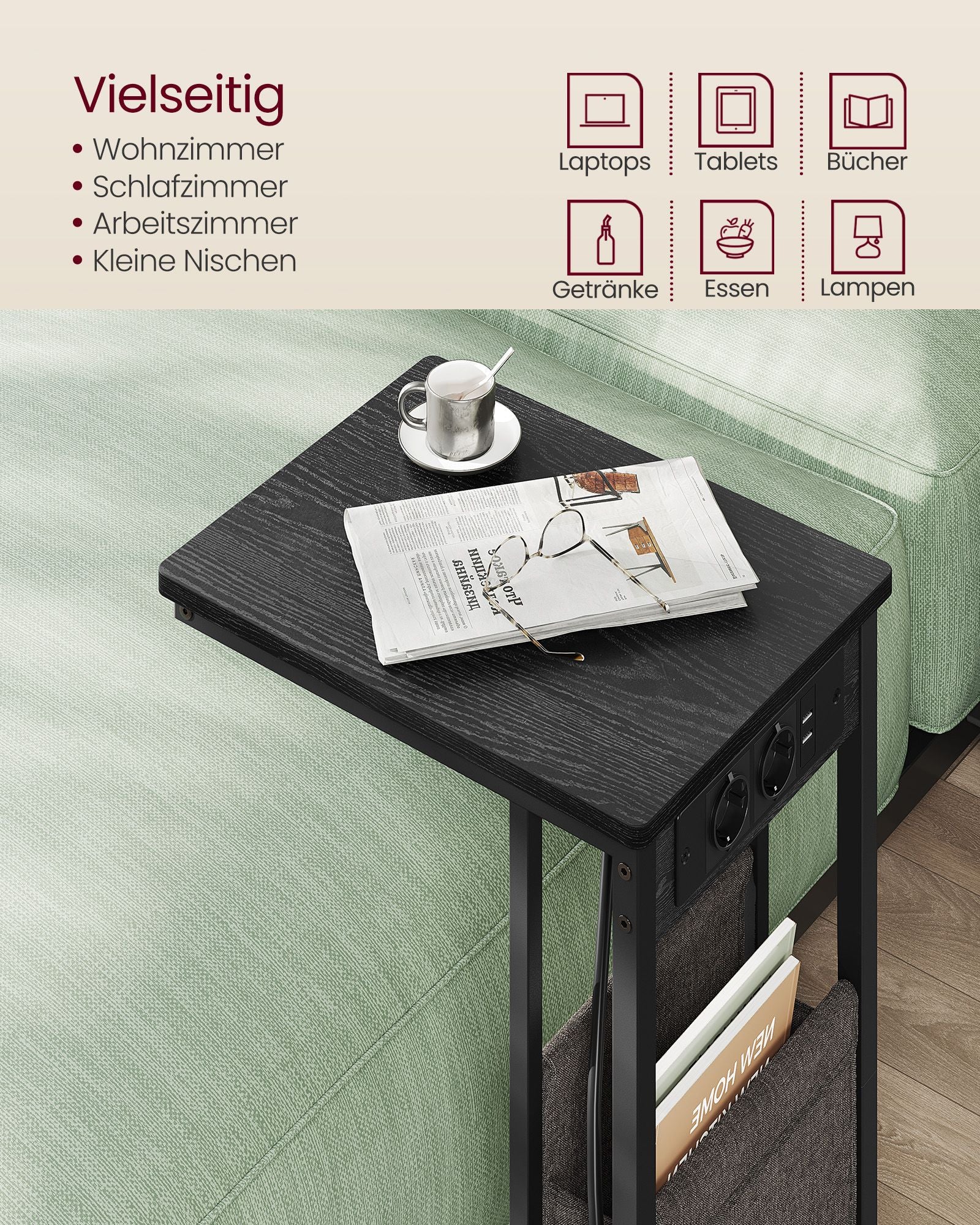 C-formad sidobord-med 2 sockets-ebony svart