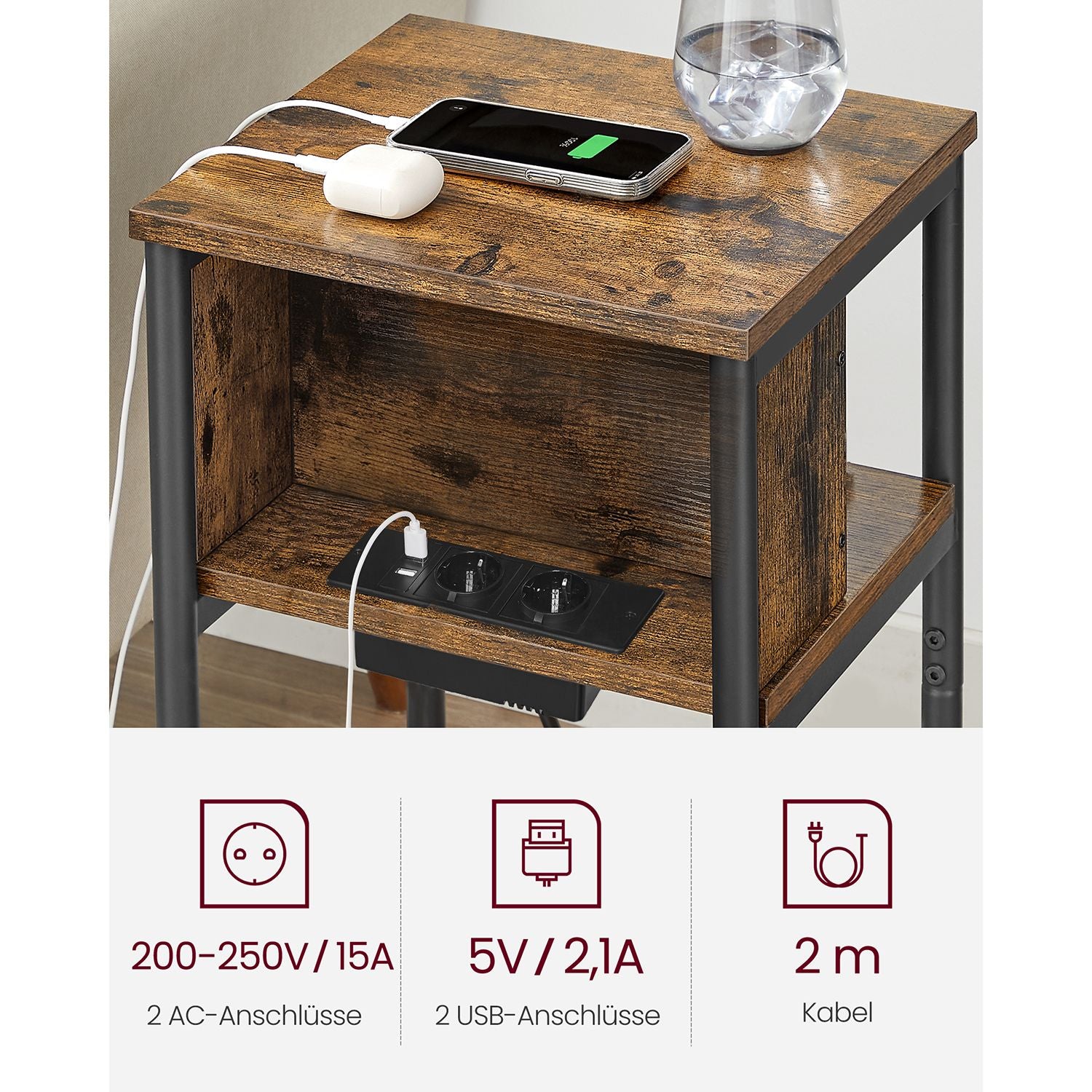 Sängbord med uttag – Vintage brun-svart