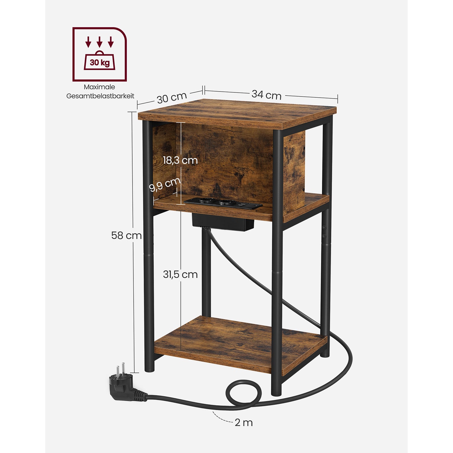 Sängbord med uttag – Vintage brun-svart