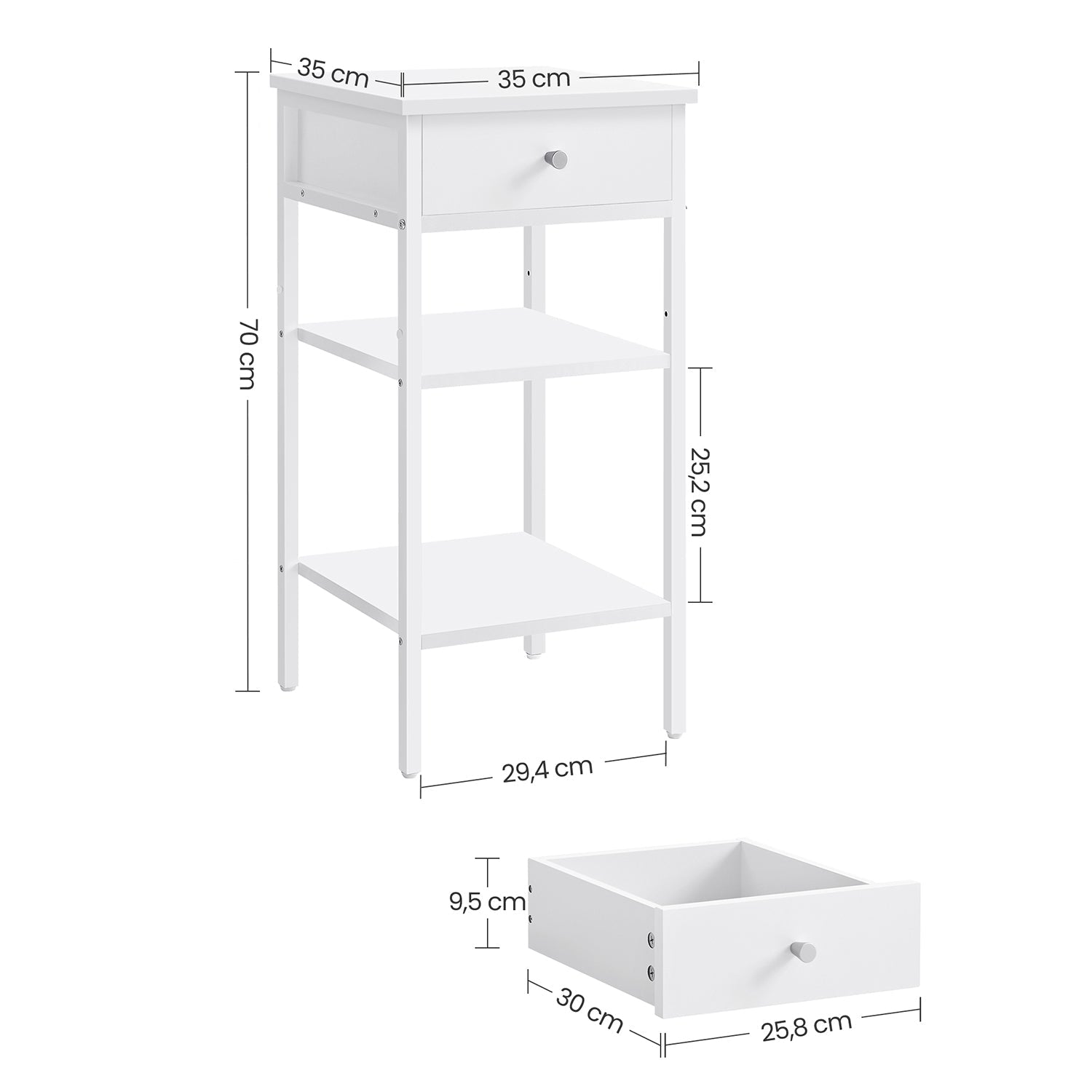 Sidobord - peepercase - med låda - 2 hyllor - vit