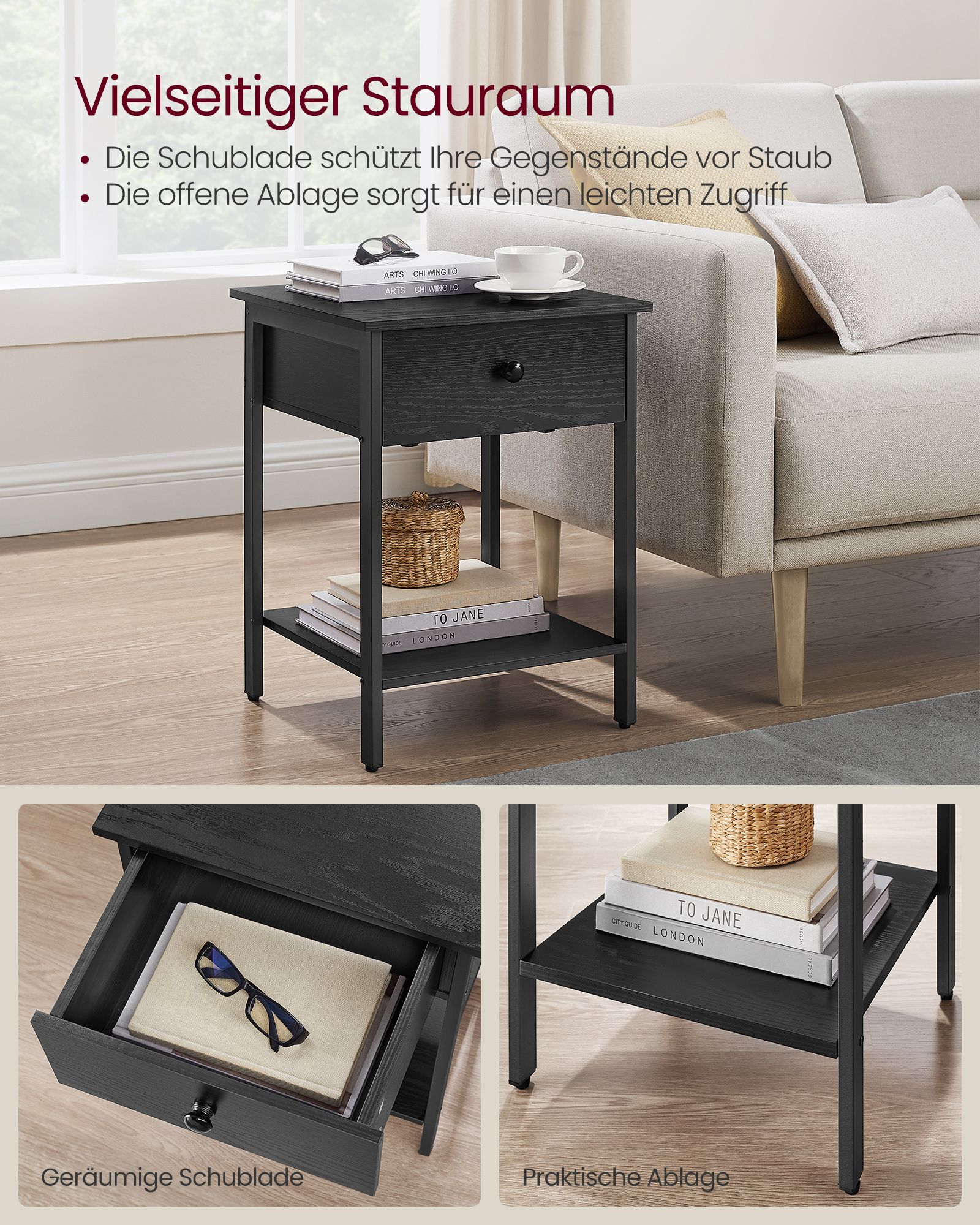 Nachtkastje - Set van 2 - Met Lade en Plank - Industrieel Design - Ebbenzwart