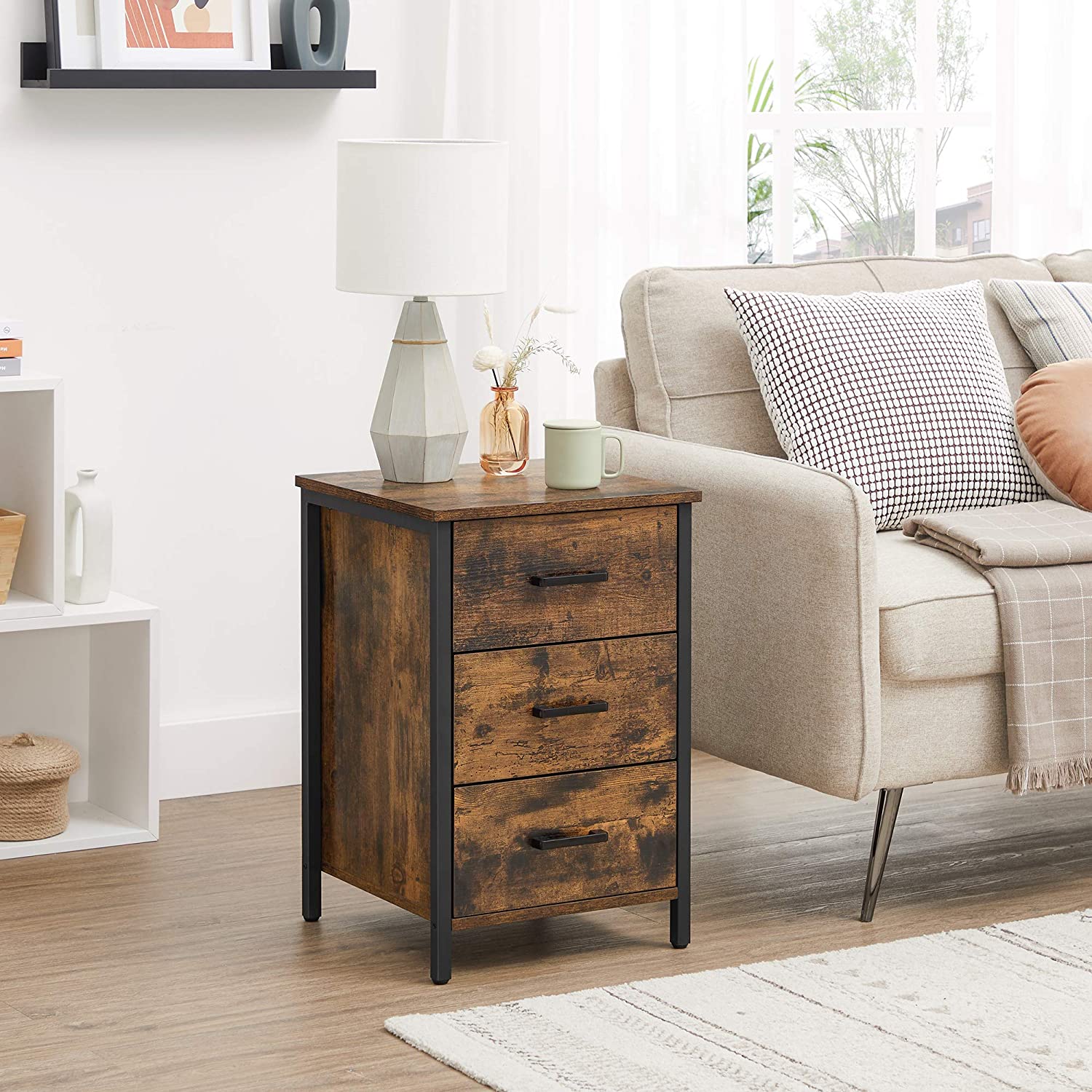 Sängbordet - med 3 lådor - 40 x 40 x 60 cm - vintage brun/svart