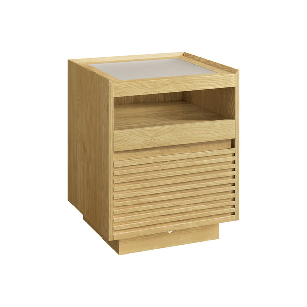 Sängbord med LED-belysning och utdragbar hylla i natur ek