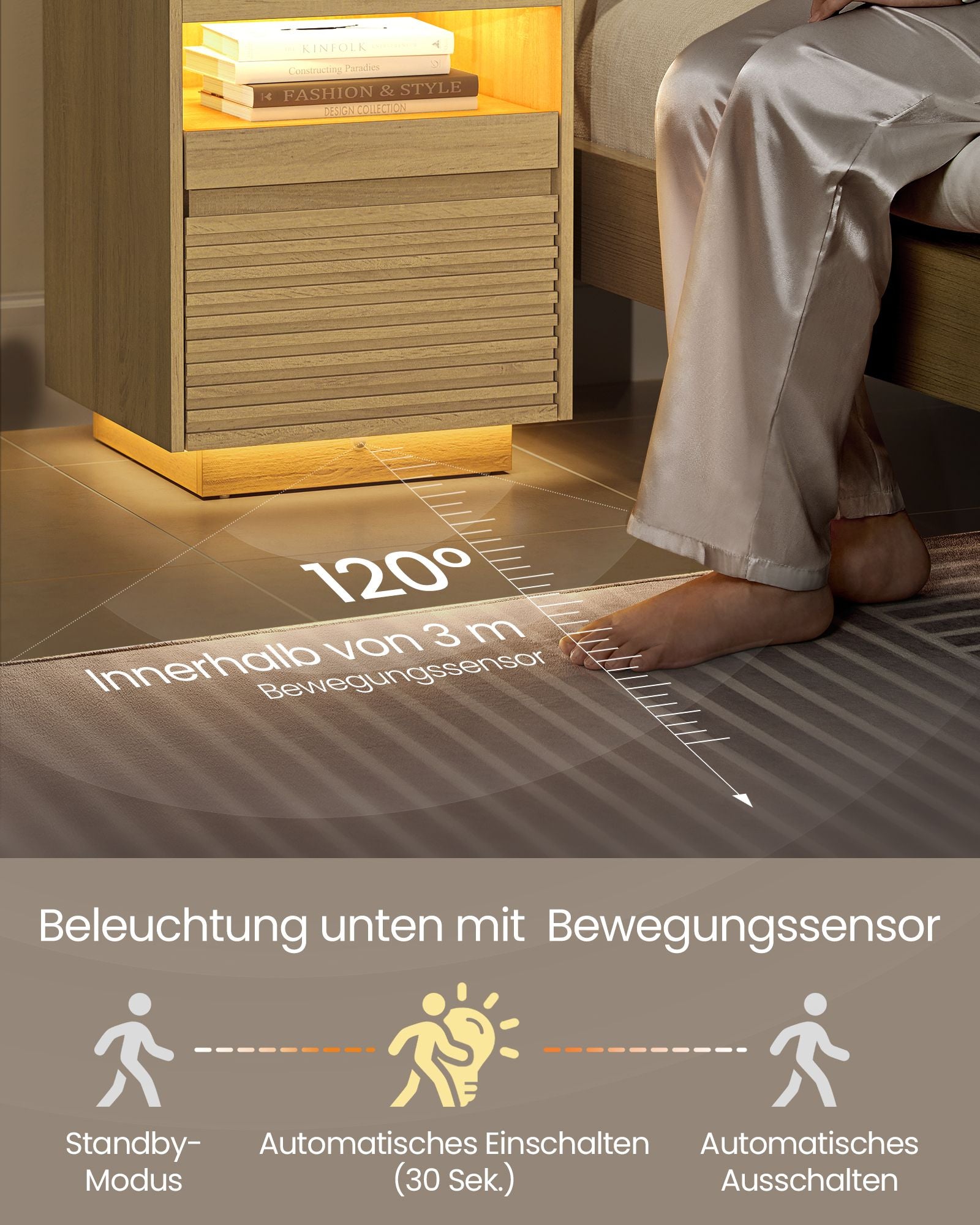 Sängkläder med LED-belysning och utdragbart bräde