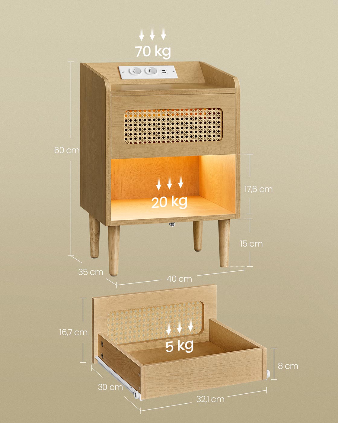 Sängbord med laddstation och rörelsedetektor - Ekbeige