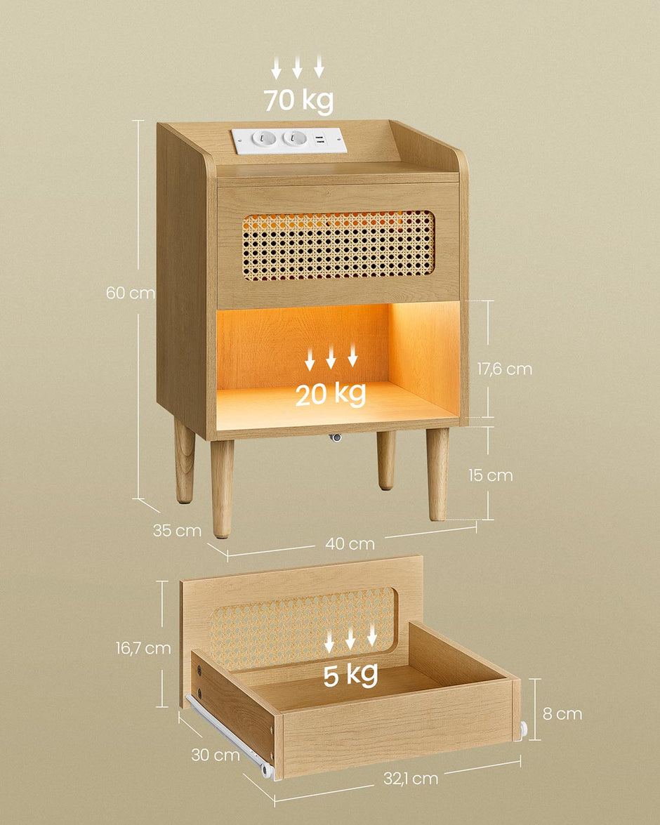 Sängbord med laddstation och rörelsedetektor - Ekbeige