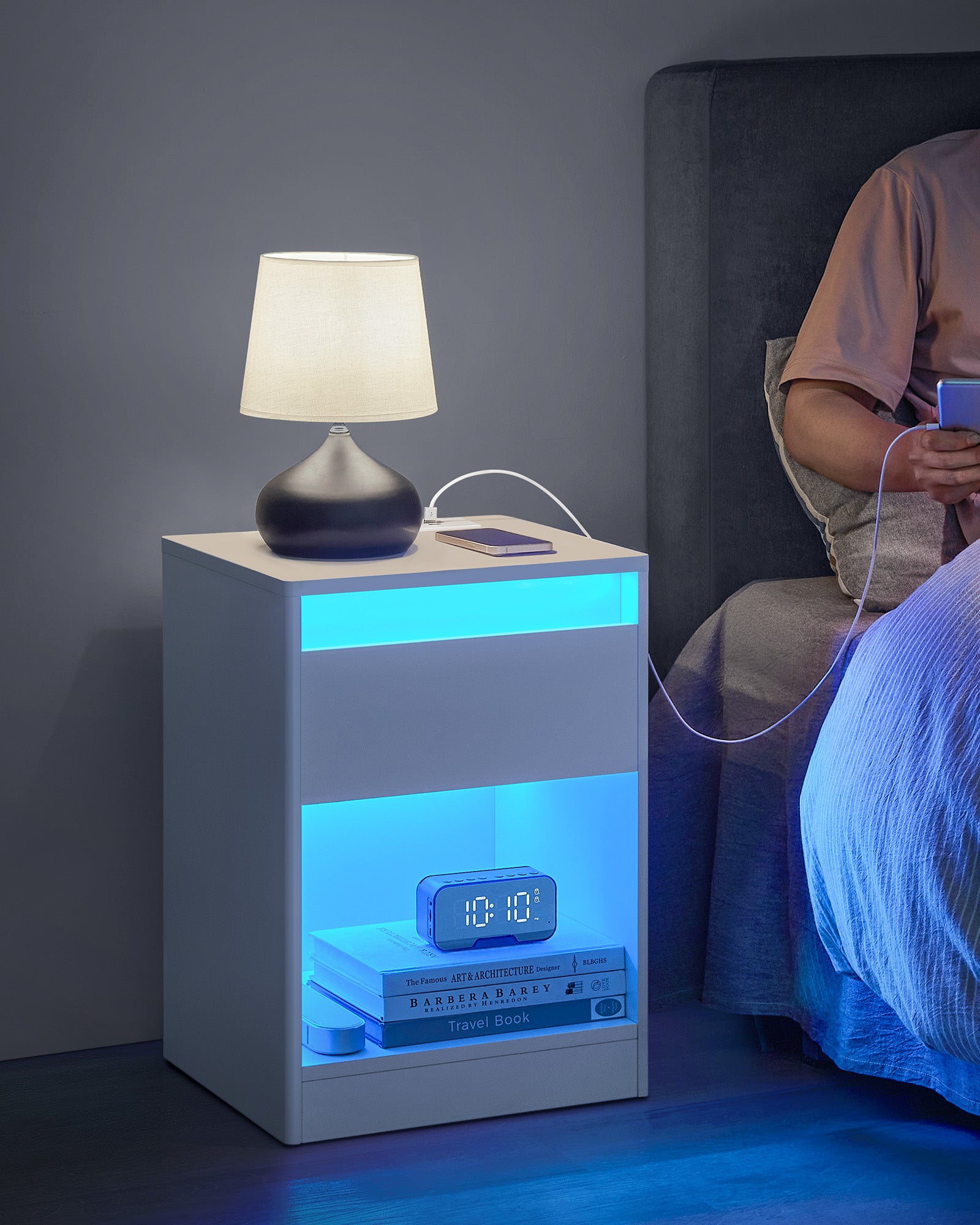 Sängbord med LED -belysning modern wolkwit