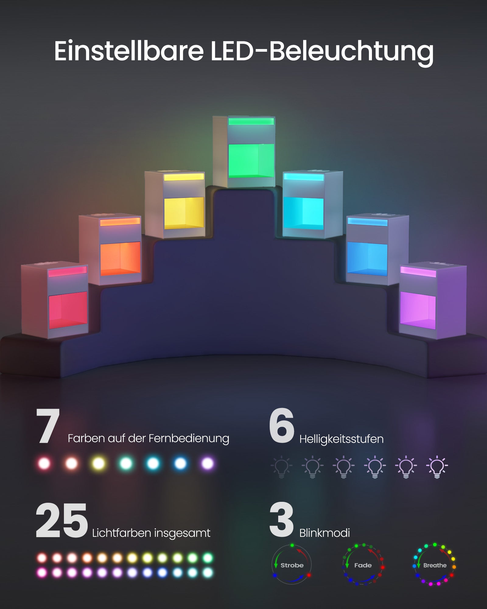 Sängbord med LED -belysning modern wolkwit