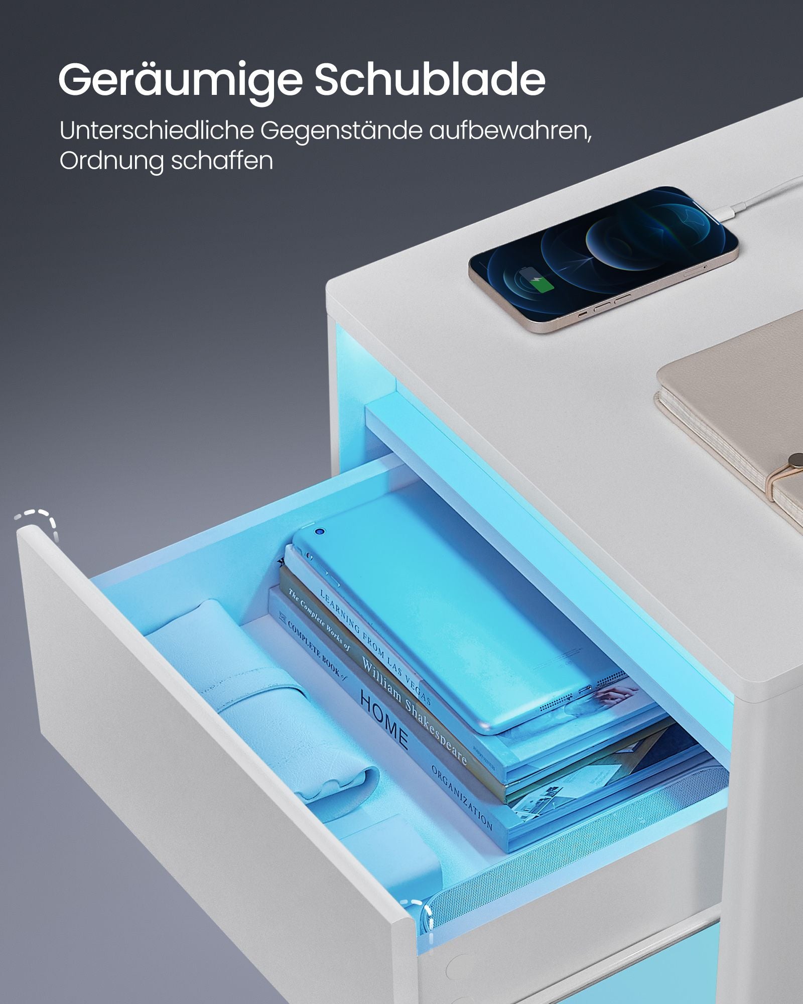 Sängbord med LED -belysning modern wolkwit