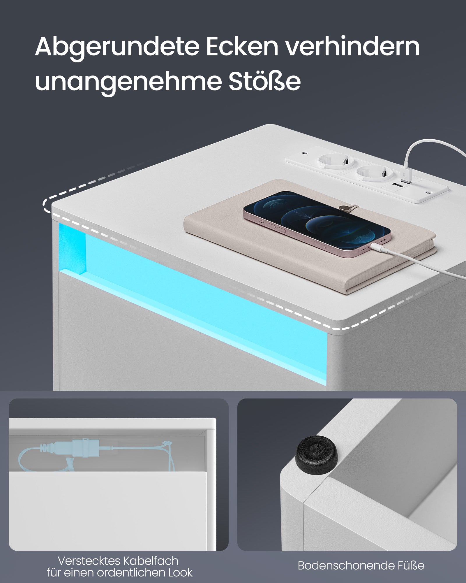 Sängbord med LED -belysning modern wolkwit