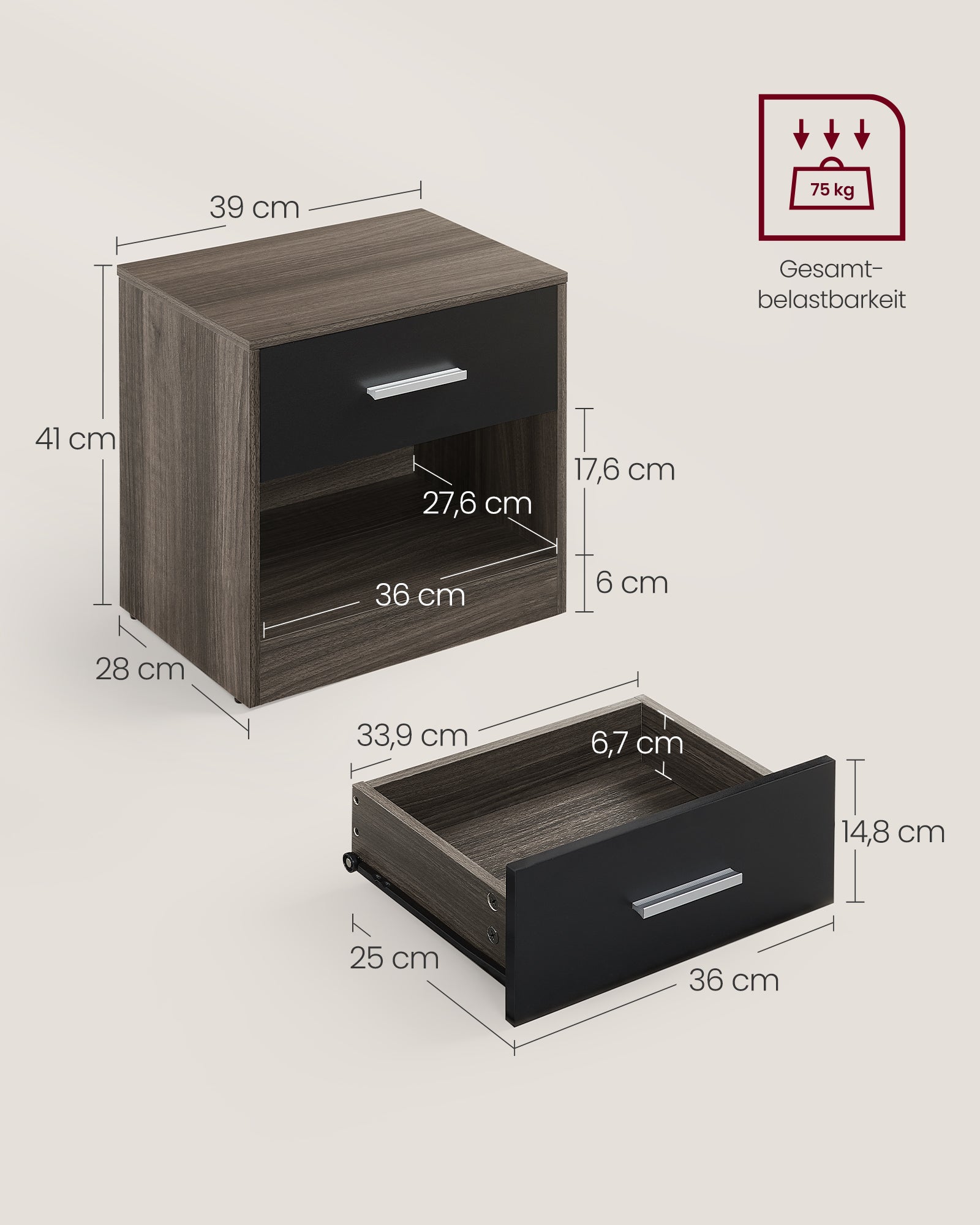 Sidobord-med låda sovrum-chestnut-bläck zwart