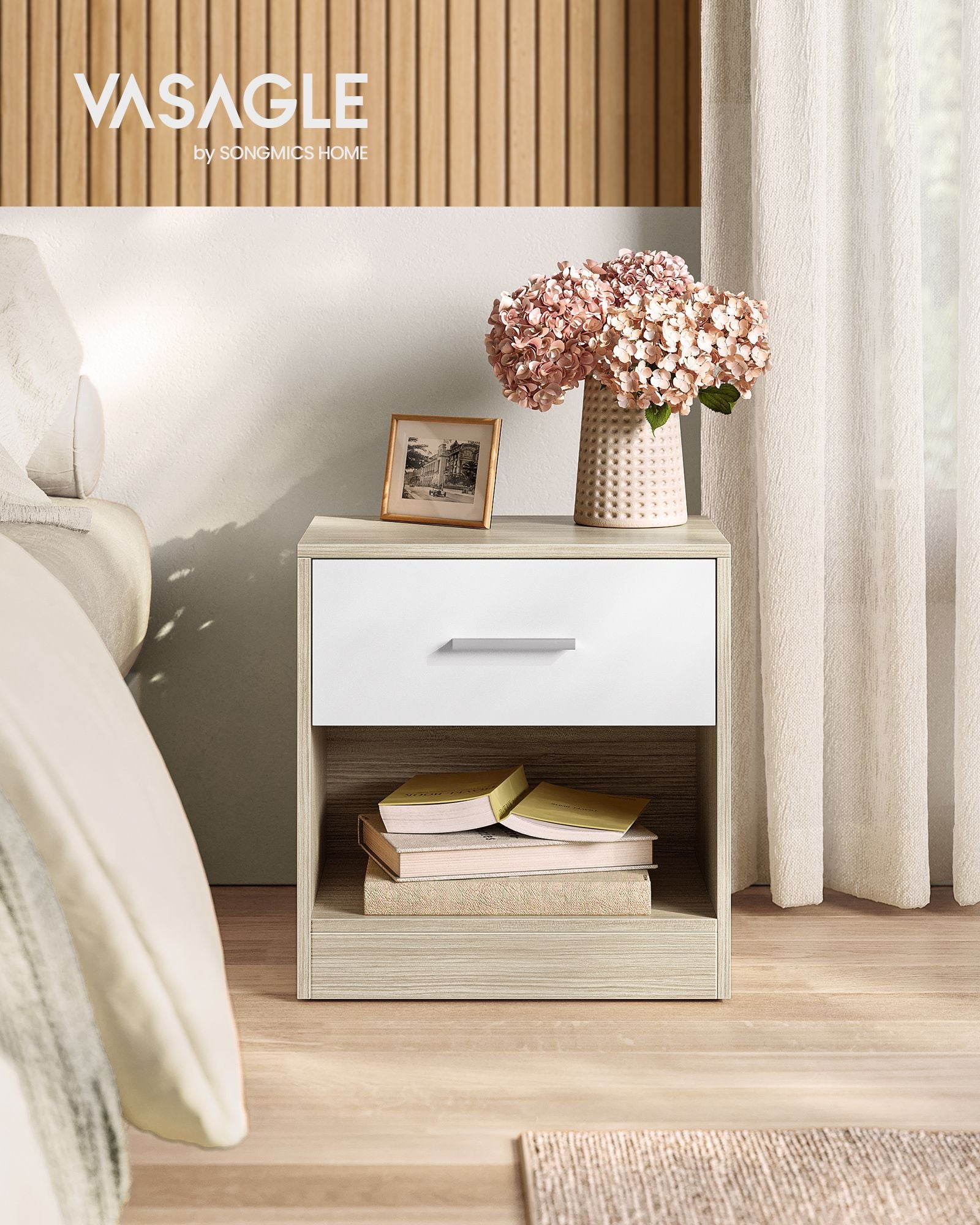 Sängbord med låda – Modern Design – Klassisk Vit