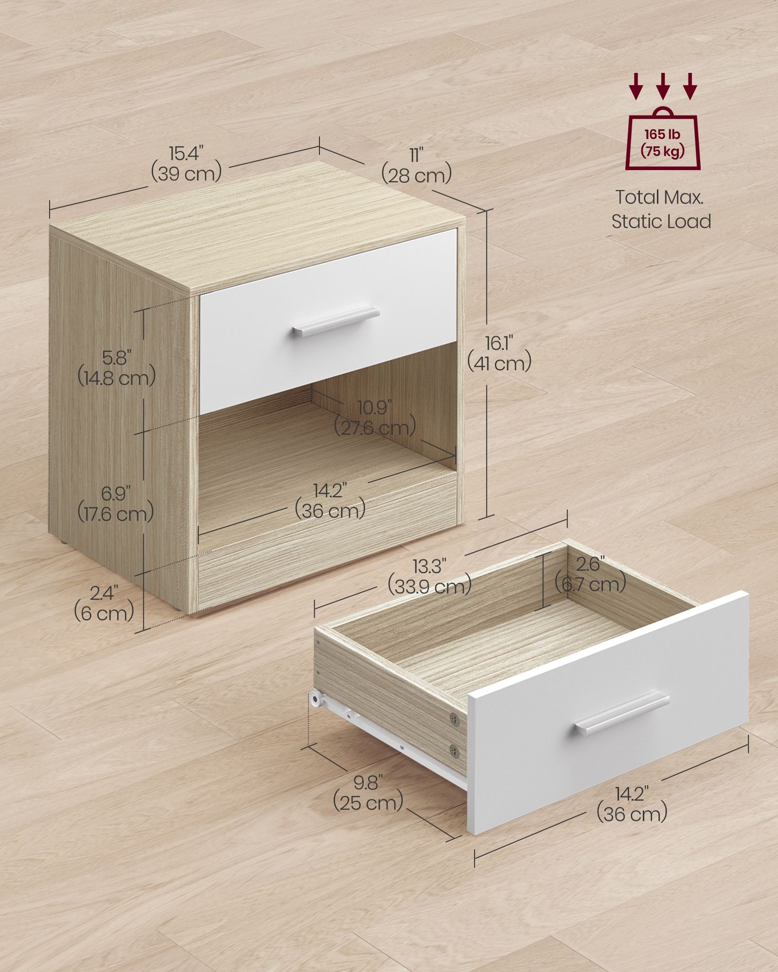 Sängbord med låda – Modern Design – Klassisk Vit