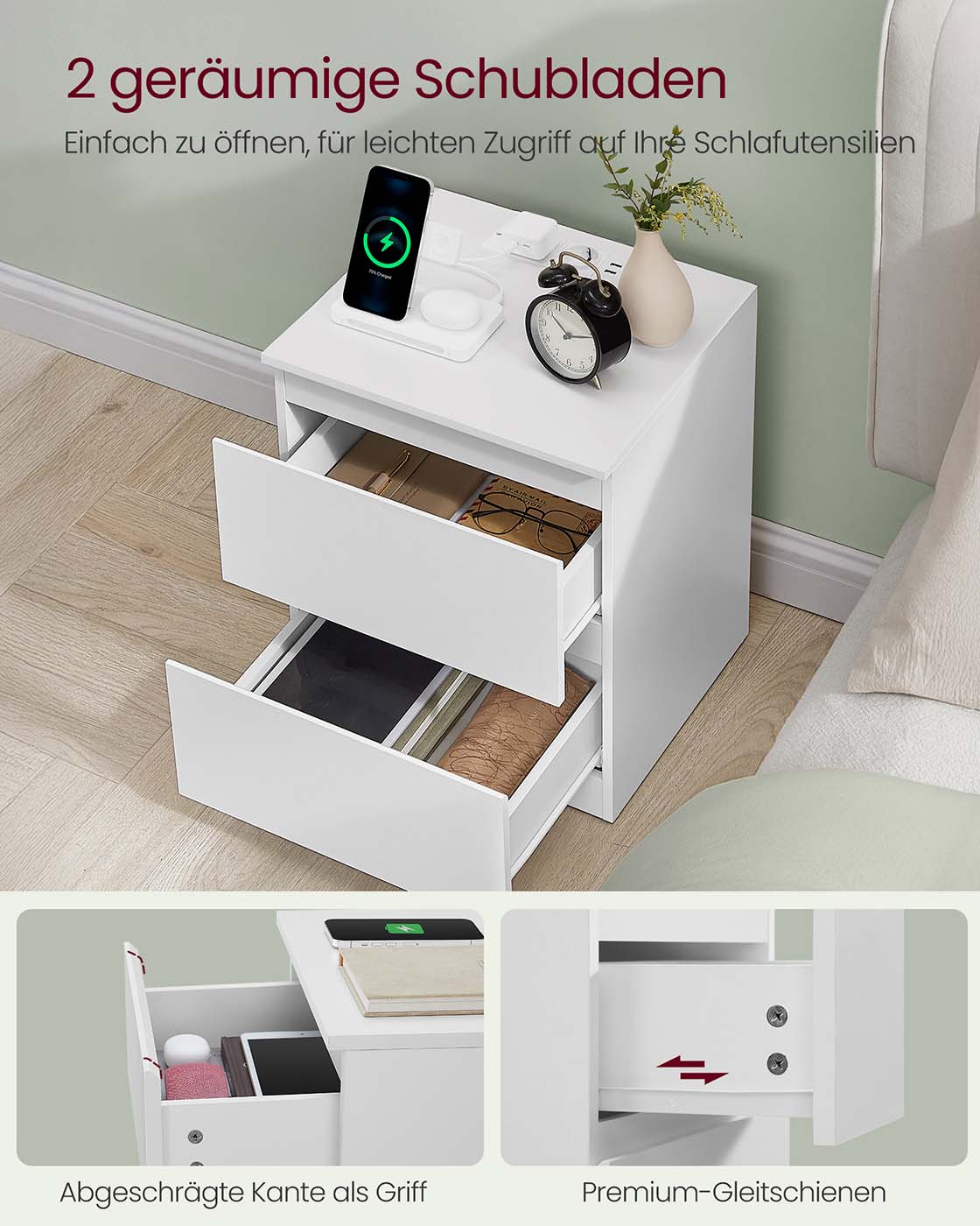 Sängbord med uttag och lådor – Cloud White
