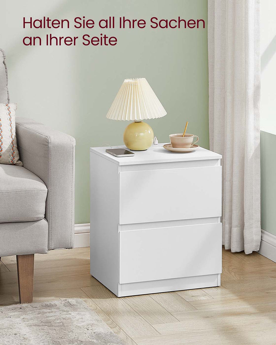 Sängbord med uttag och lådor – Cloud White