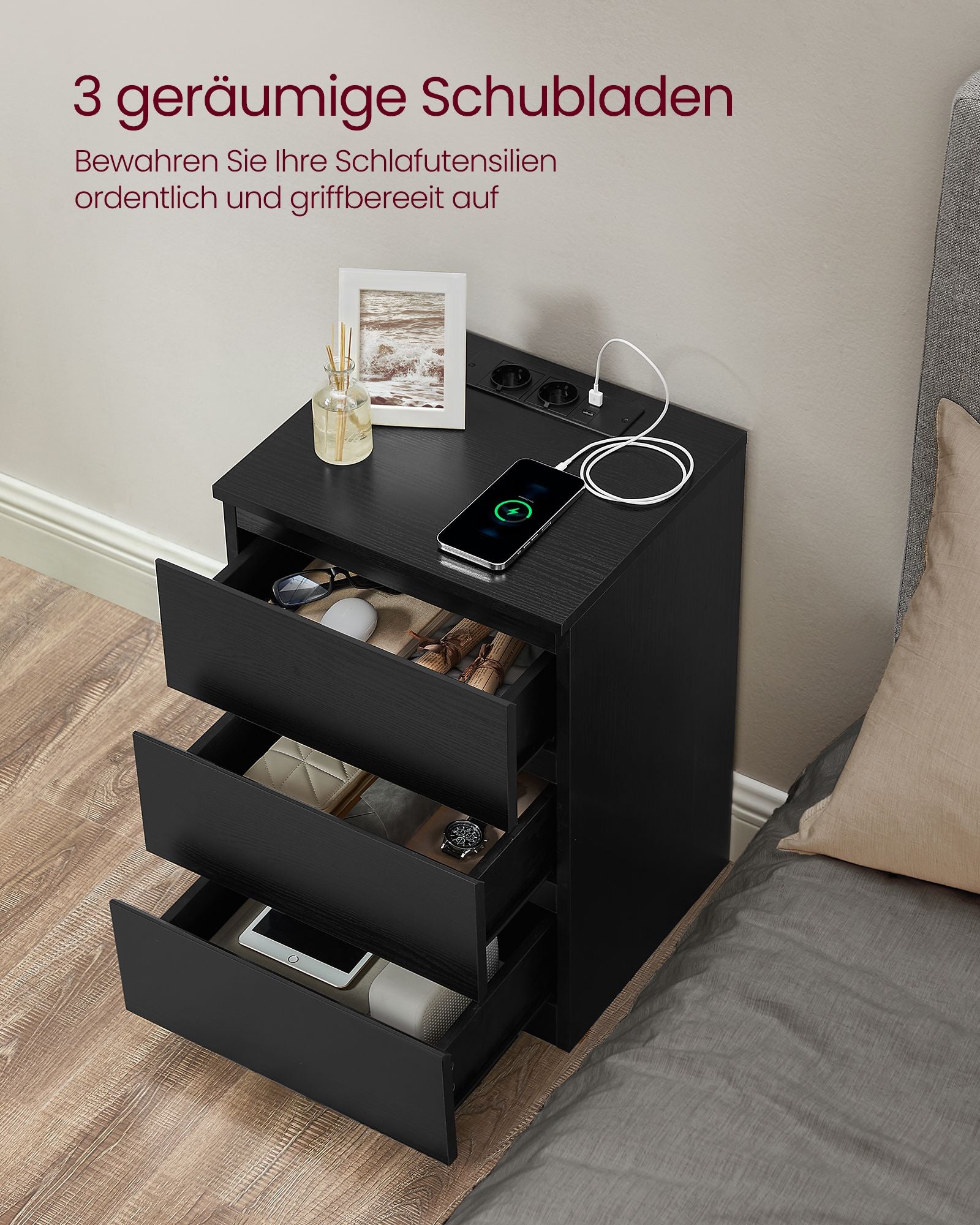 Sidobord - med 3 lådor - Modern - Ebony Black