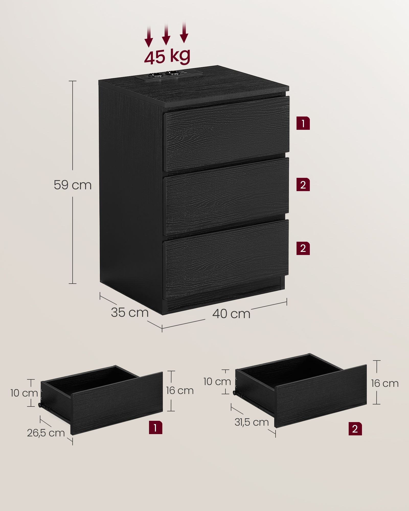 Sidobord - med 3 lådor - Modern - Ebony Black
