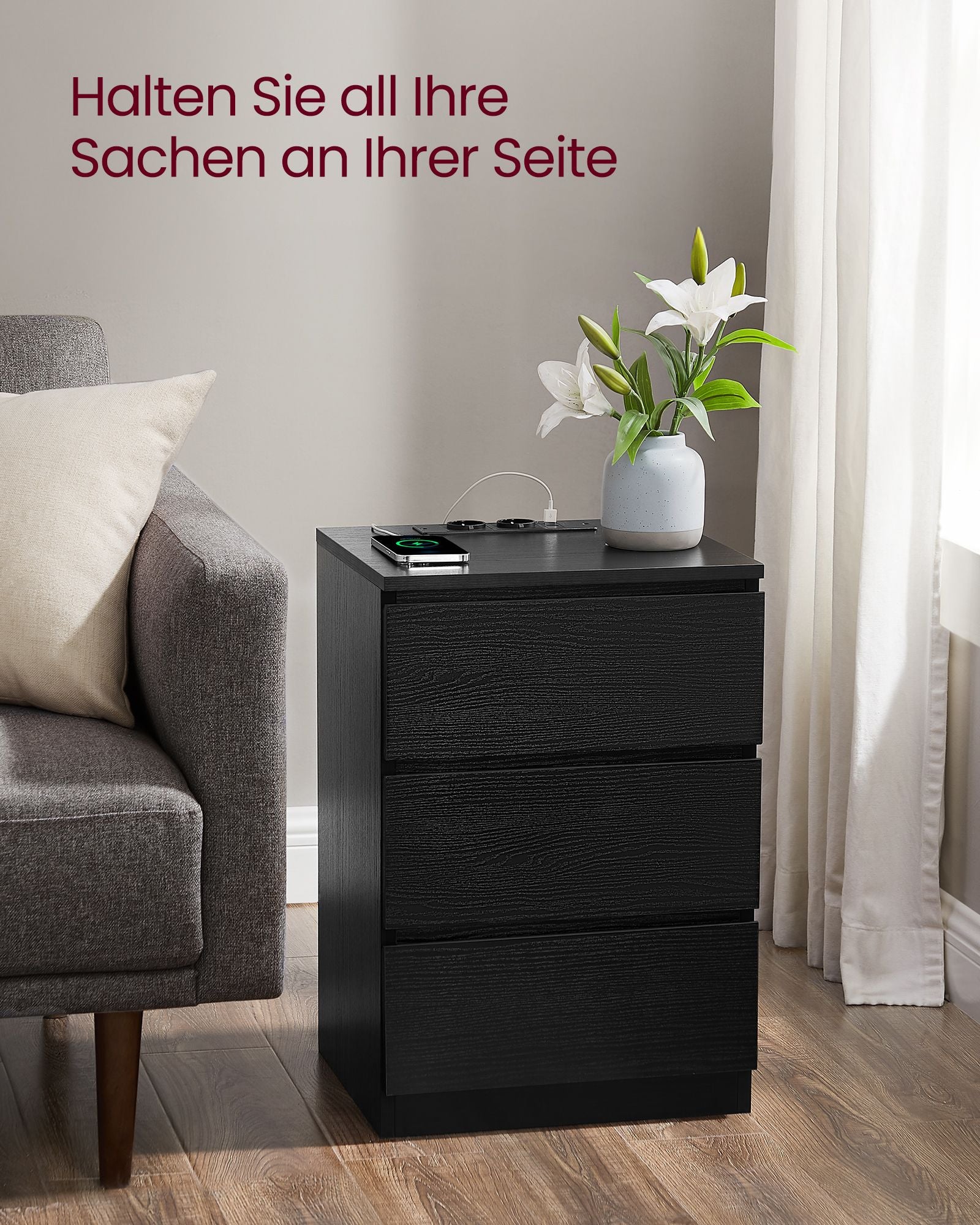 Sidobord - med 3 lådor - Modern - Ebony Black