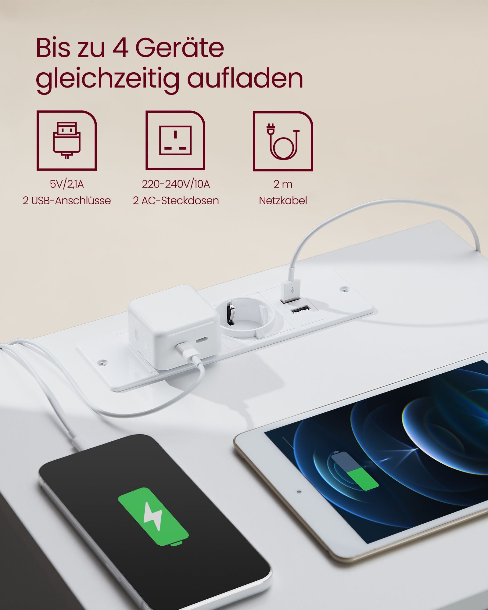 Sidobord - med 2 uttag - sovrum - wolkwit