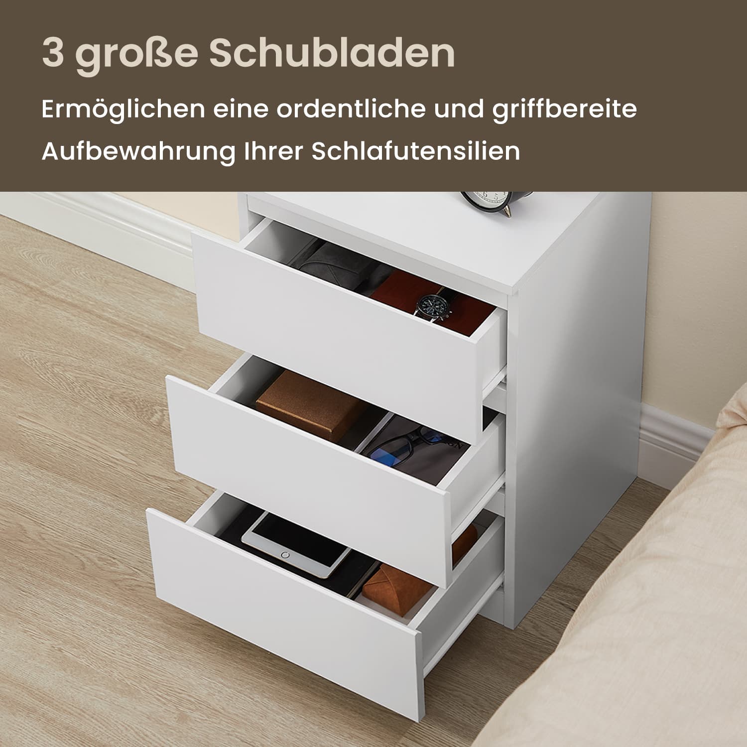 Sidobord - med 2 uttag, Wolkwit, idealisk för sovrummet