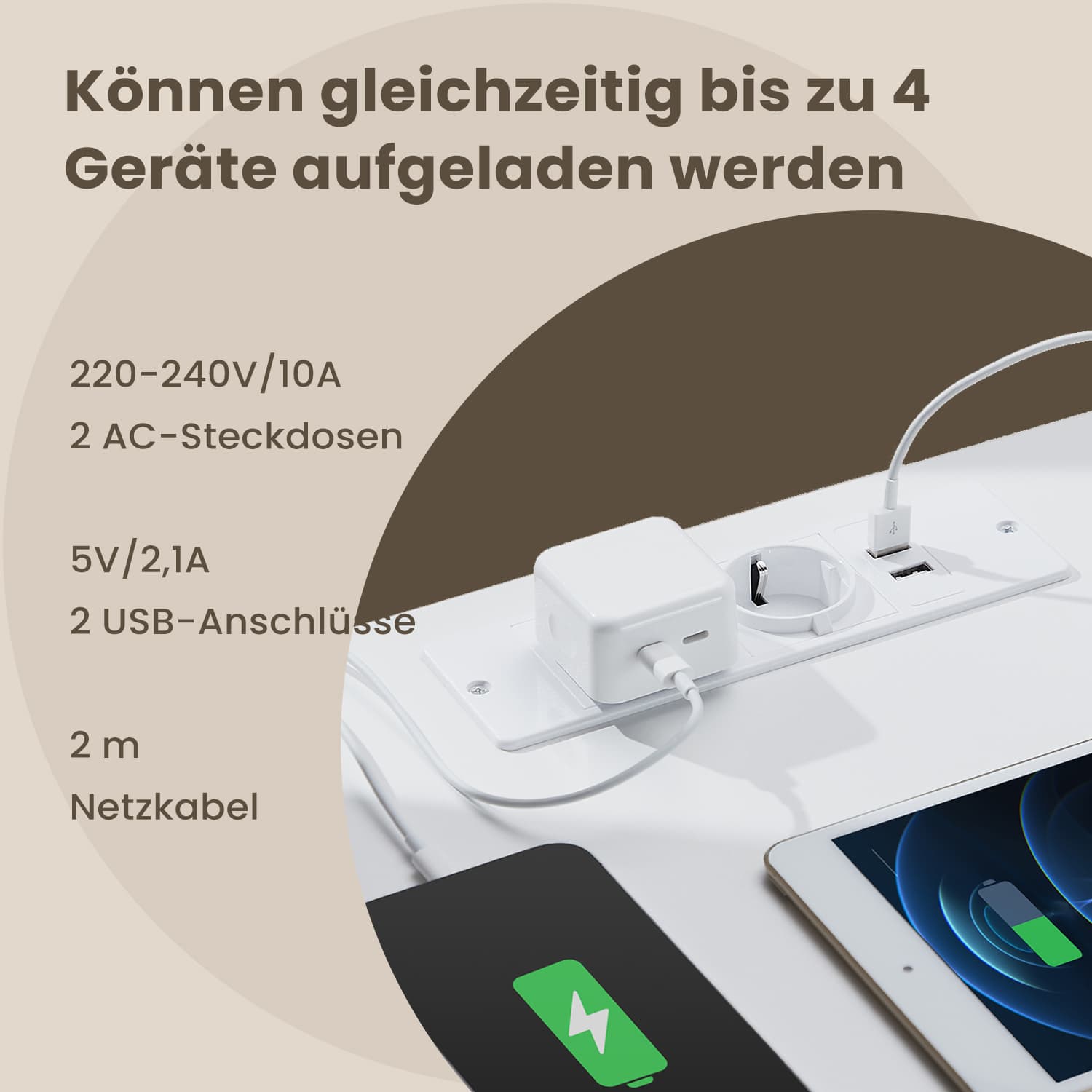 Sidobord - med 2 uttag, Wolkwit, idealisk för sovrummet