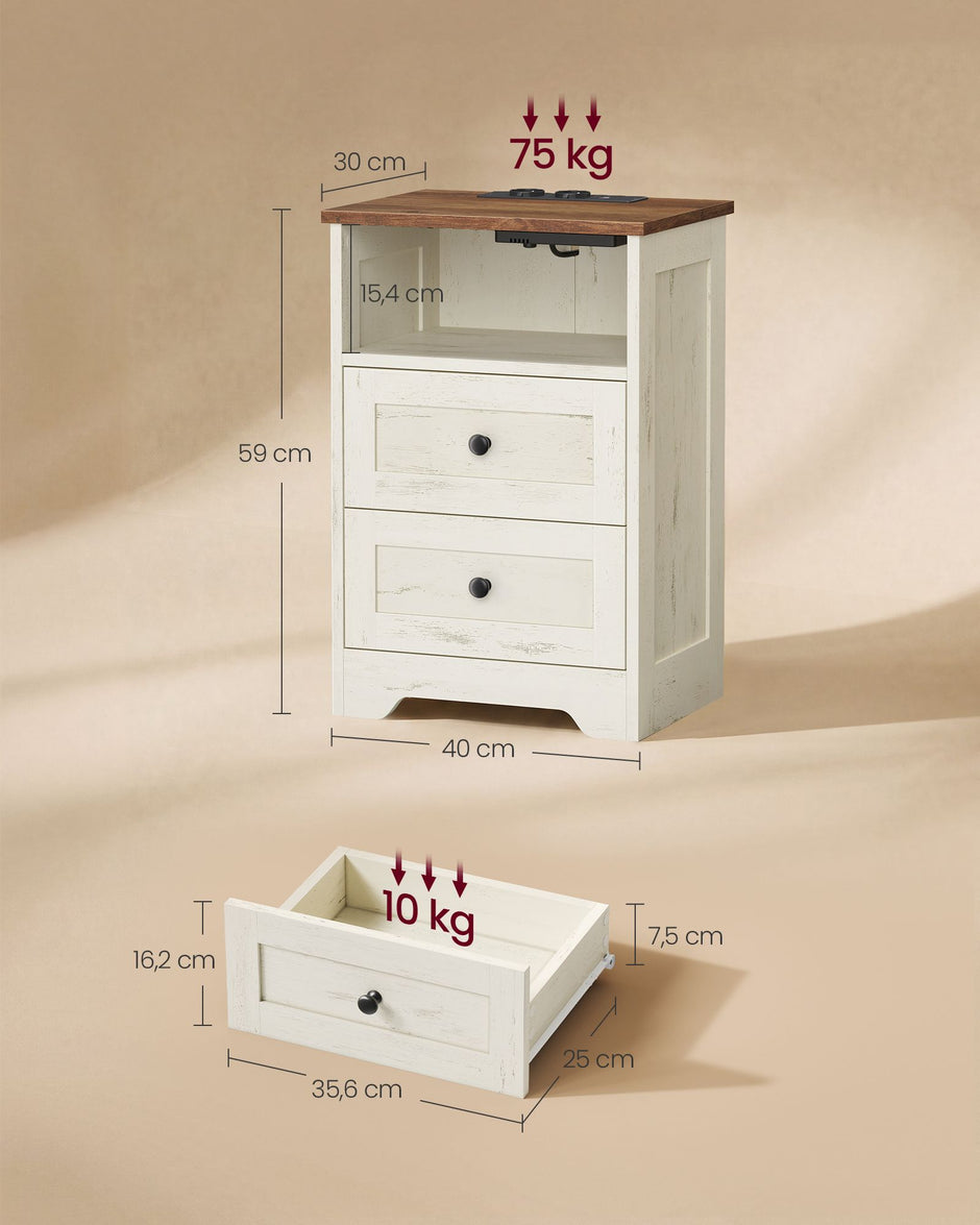 Nachtkastje - Met Stopcontact en USB - 2 Schuifladen - Wit en bruin - 40 x 30 x 59 cm