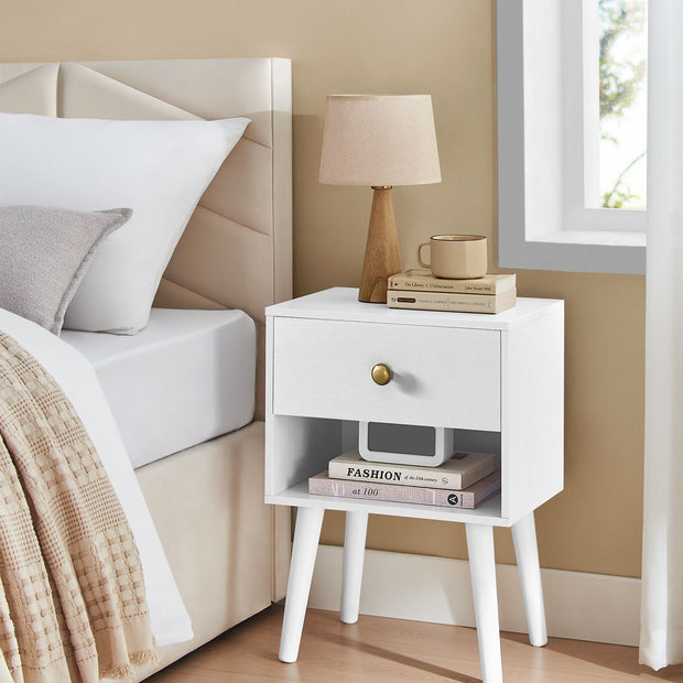 Sängbord med låda och öppen hylla – Snövit