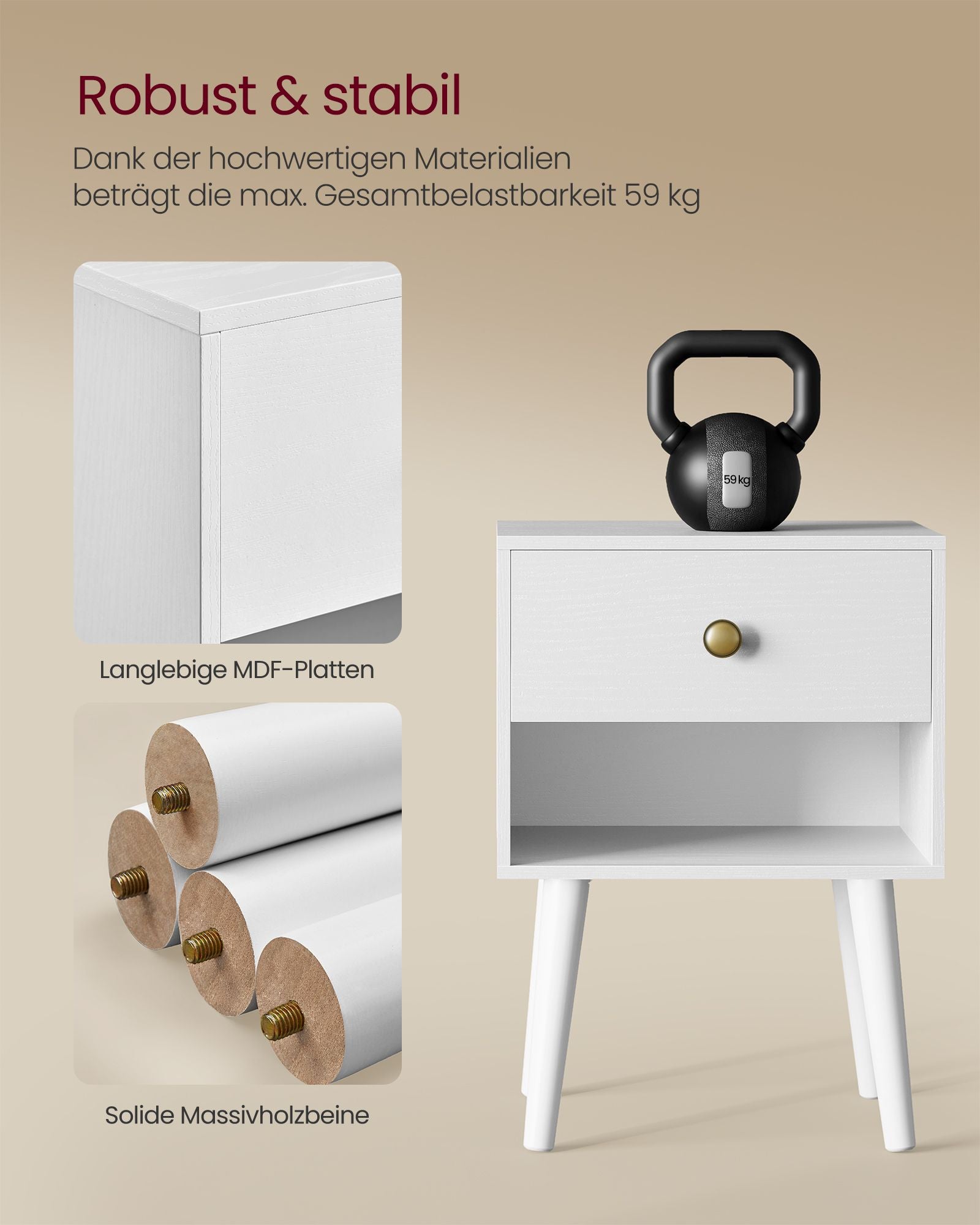 Sängbordet med låda och öppen hylla snövit