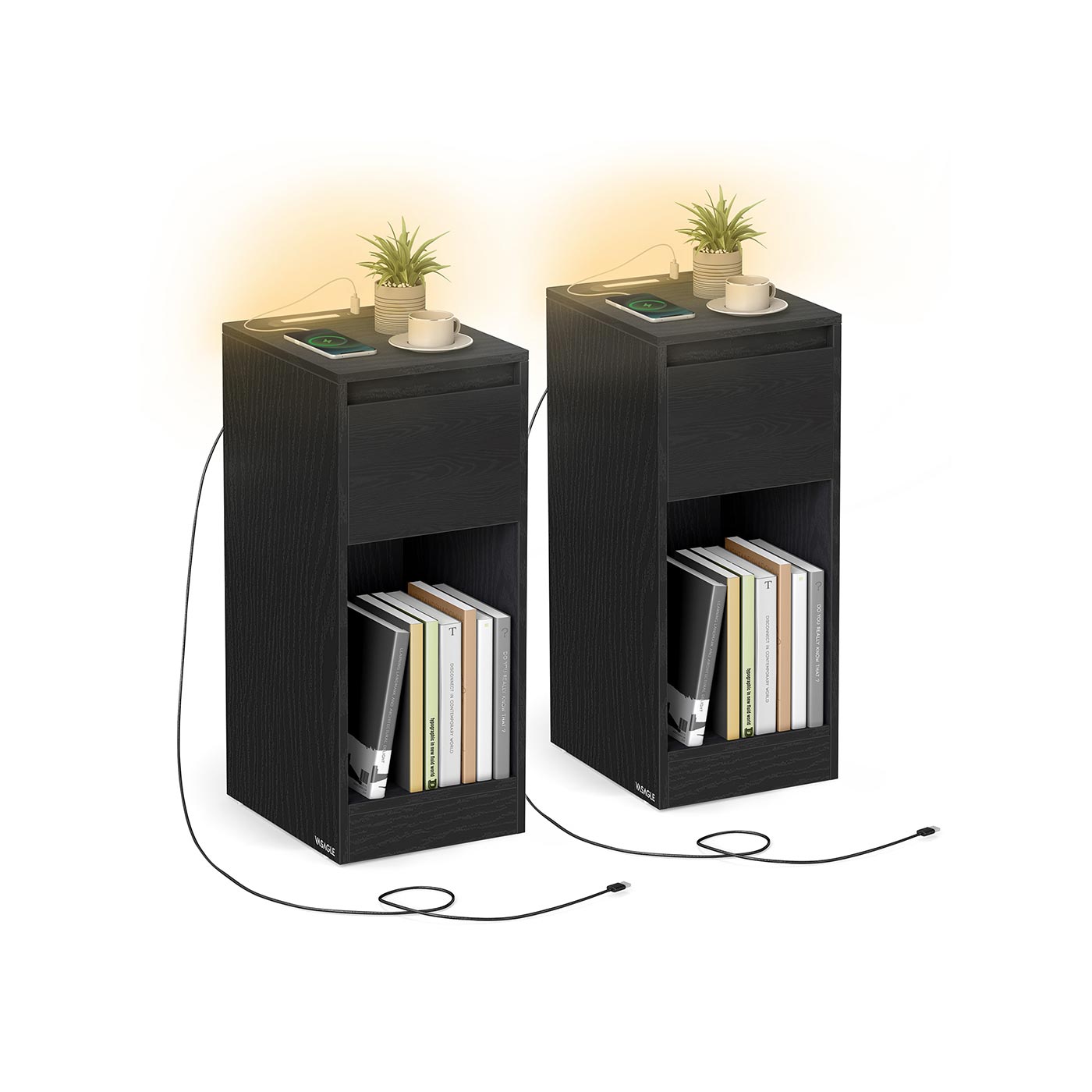 Sängbord med LED-belysning och USB-portar - Svart