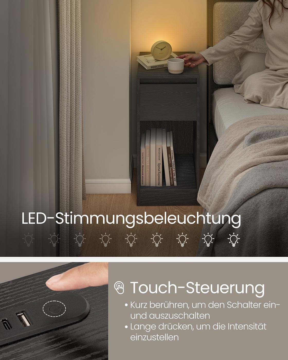 Sängbord - LED -belysning - USB -portar - Låda - Modell 3