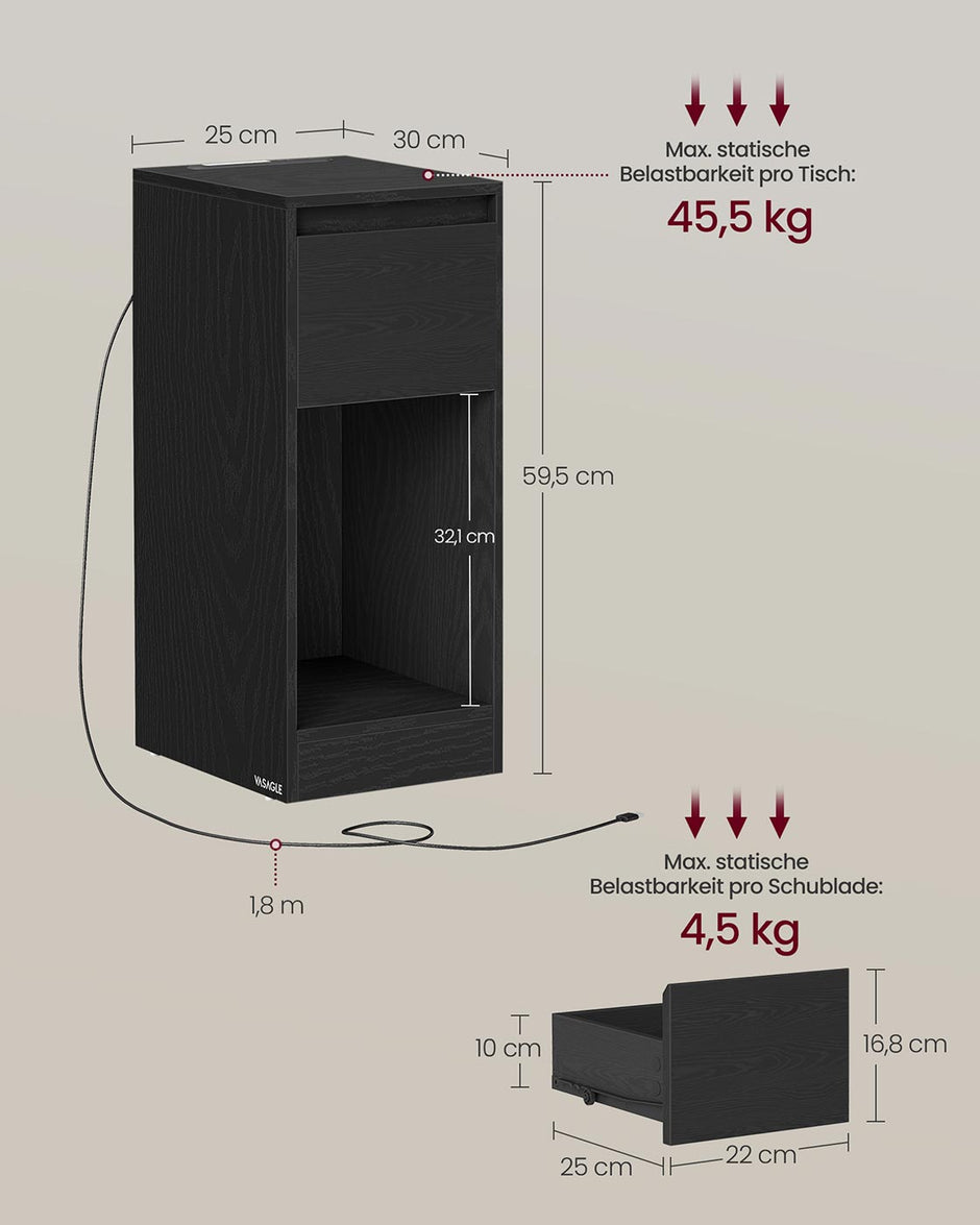 Sängbord med LED-belysning och USB-portar - Svart