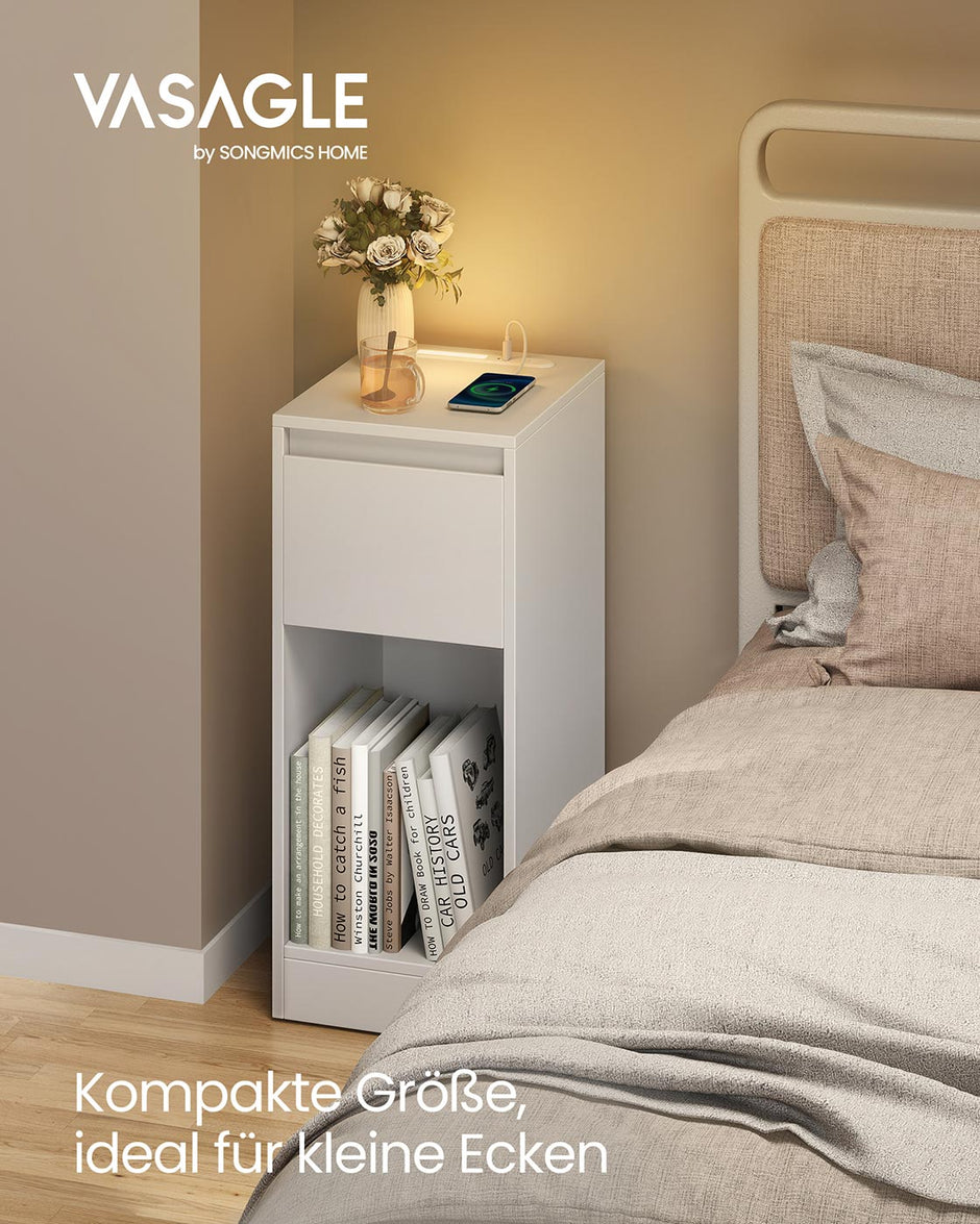 Sängbord med LED-belysning och USB-portar - Cloud White
