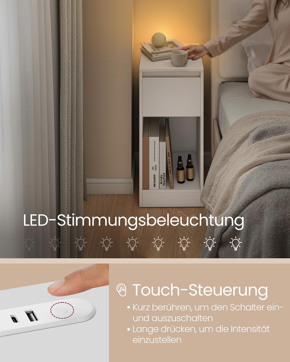 Sängbord med LED-belysning och USB-portar - Cloud White