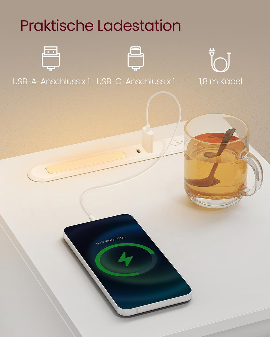 Sängbord med LED-belysning och USB-portar - Cloud White