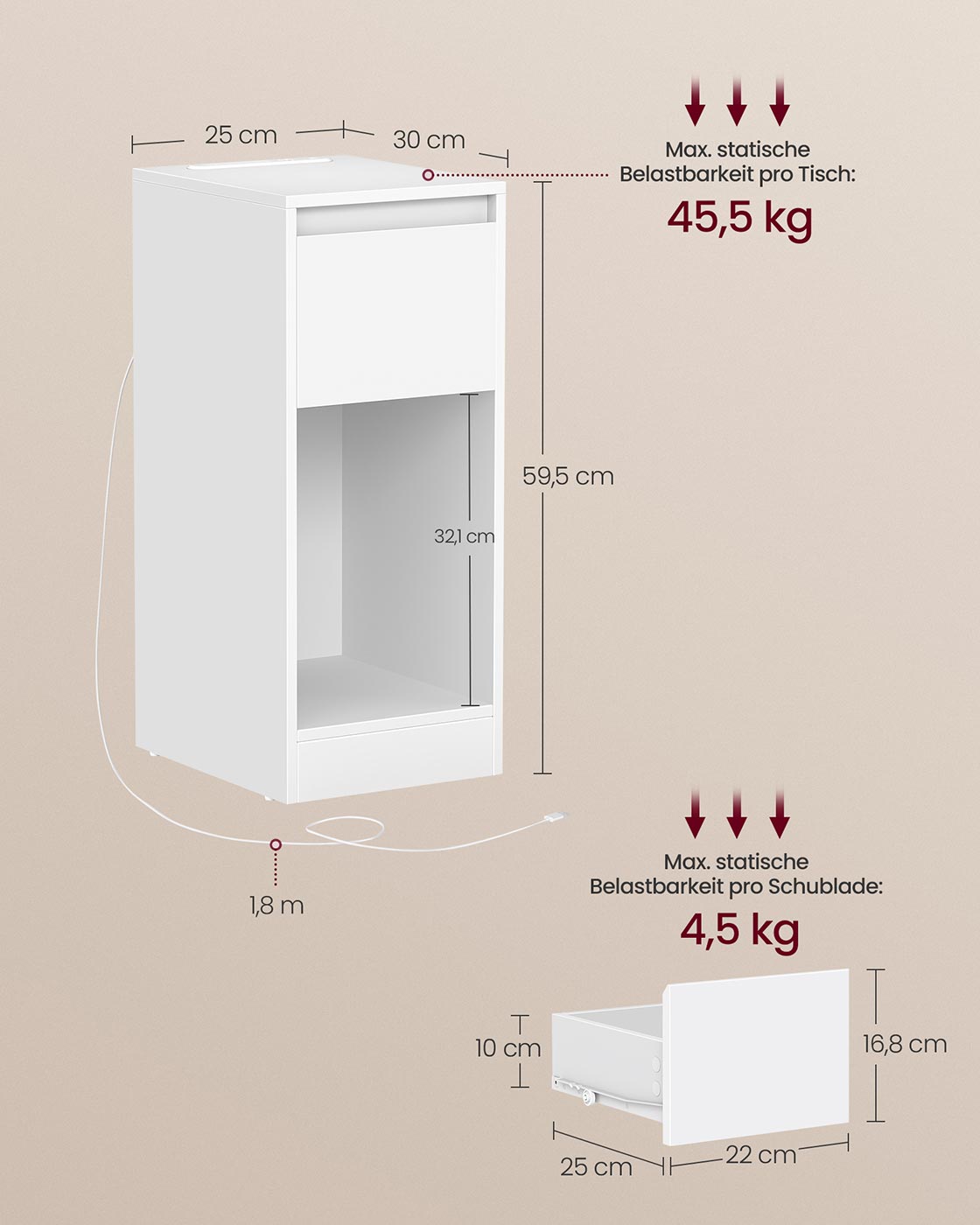 Sängbord - LED -belysning - USB -portar - Låda - Modell 4