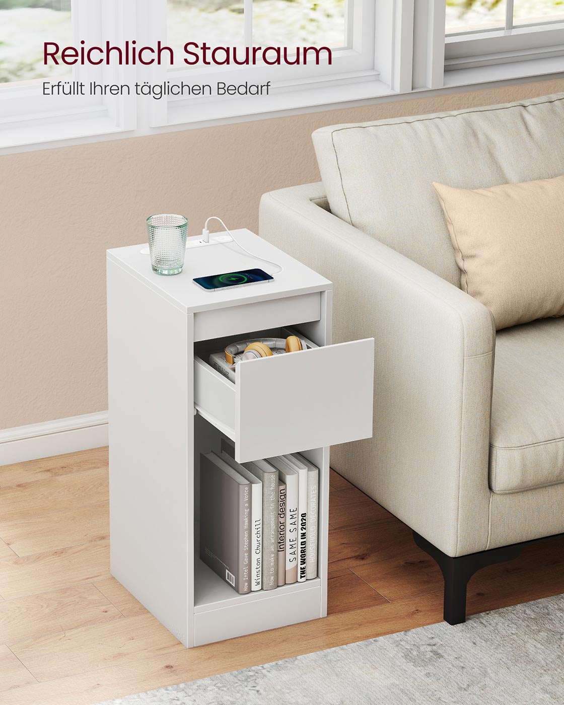 Sängbord med LED-belysning och USB-portar - Cloud White