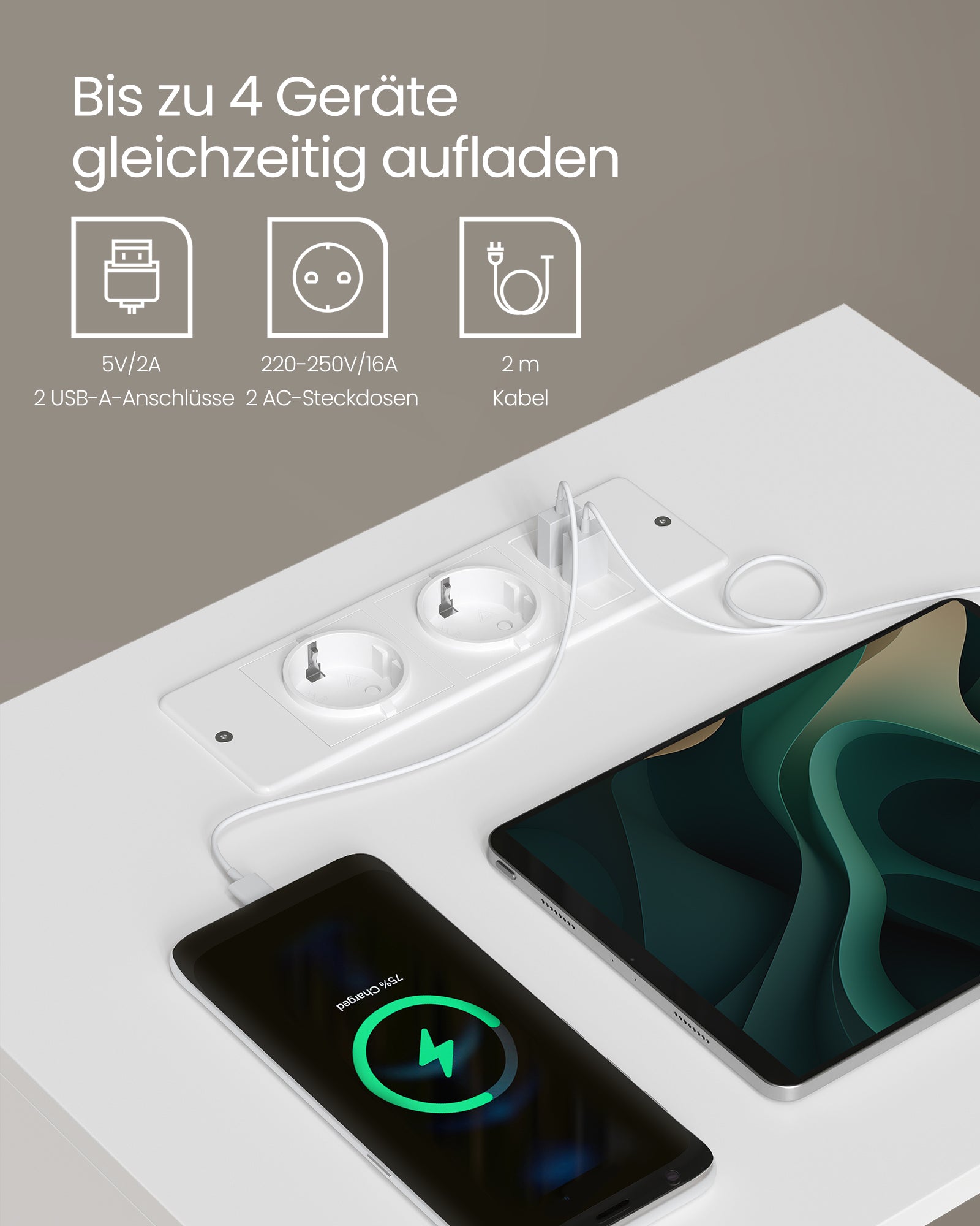 Sängbord med laddningsfunktion och låda i matt vit