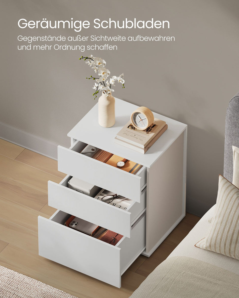 Sängbord – 3 lådor – matt vit och cappuccino beige