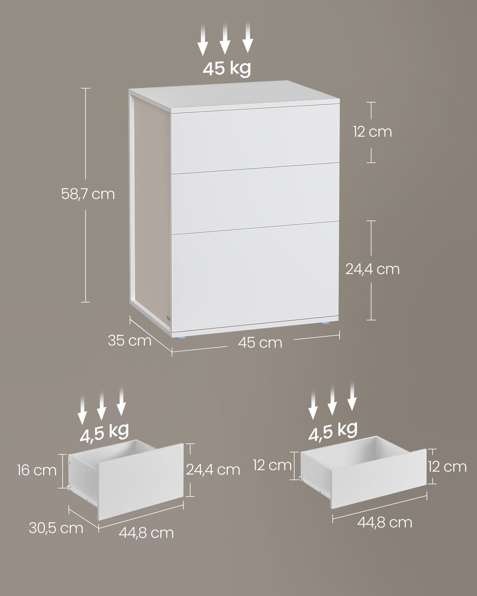 Sängbord – 3 lådor – matt vit och cappuccino beige