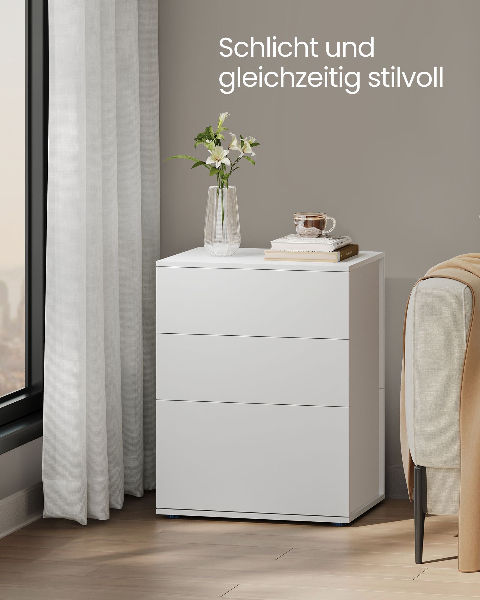 Bedside Table - Med 3 lådor - Matt White & Cappuccinobeige