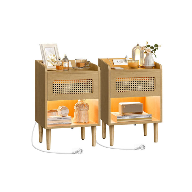 Sängbord med laddstation och rörelsedetektor - set om 2 - ekbeige