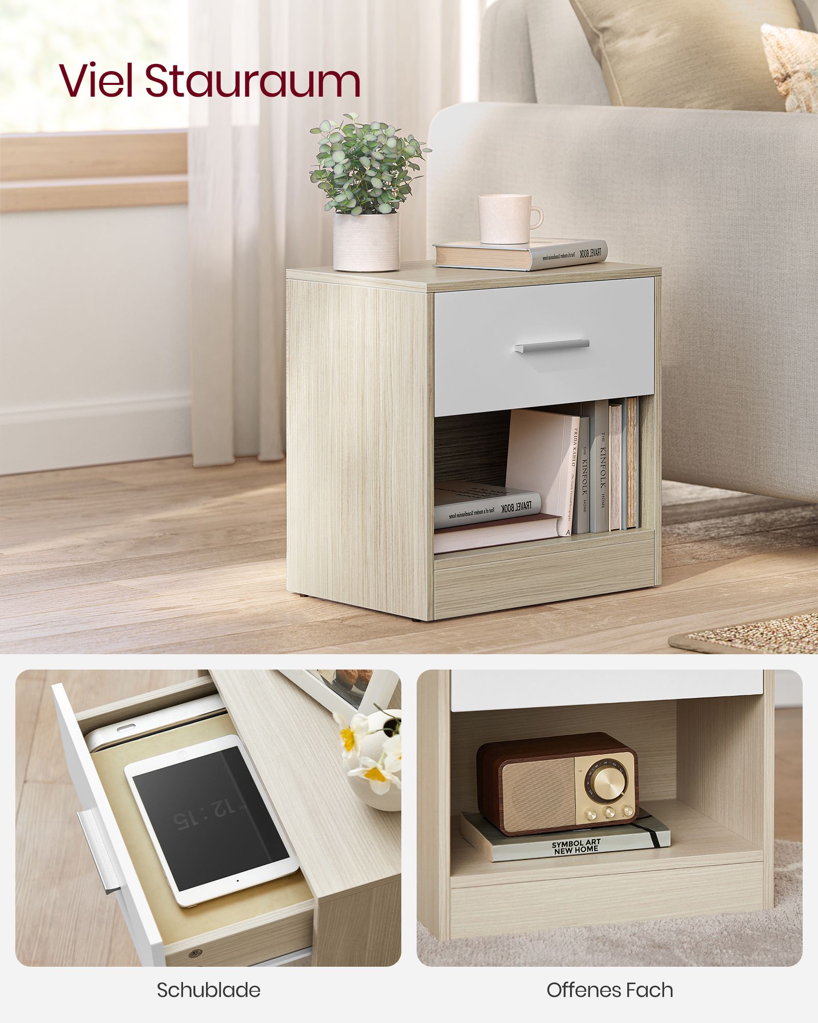 Sängbordsset om 2 – klassisk design – naturbeige-vit
