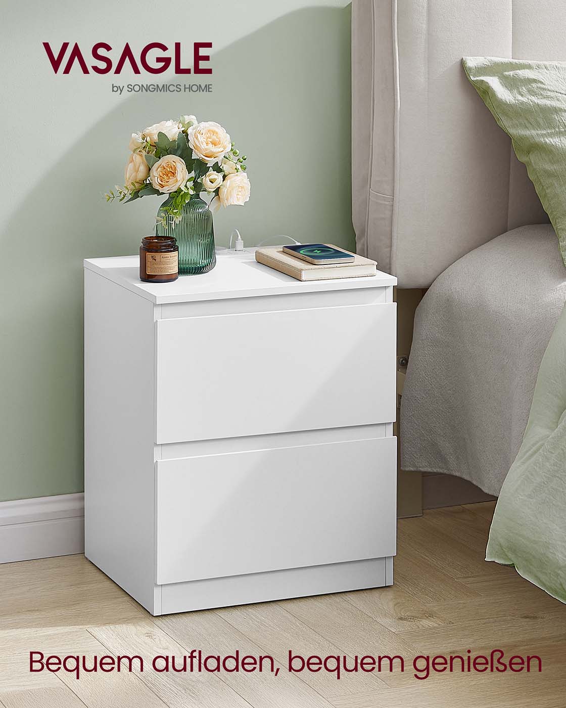 Sängbordsset av 2 med uttag och lådor av molnvit