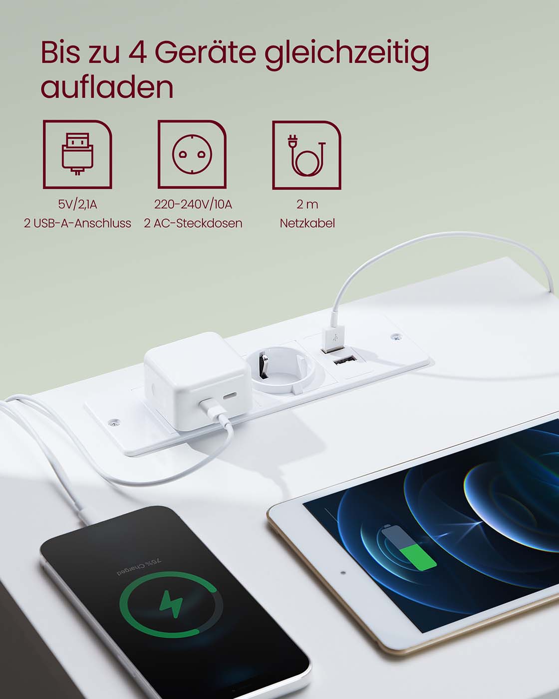 Sängbordsset av 2 med uttag och lådor av molnvit