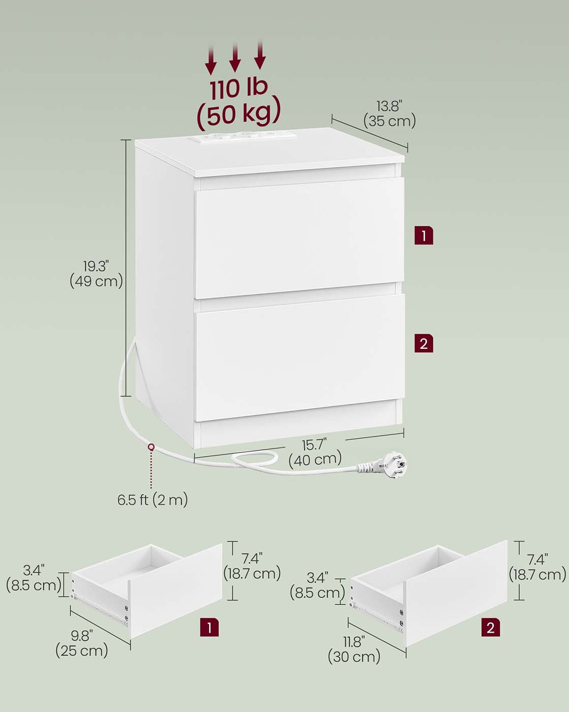 Sängbordsset av 2 med uttag och lådor av molnvit