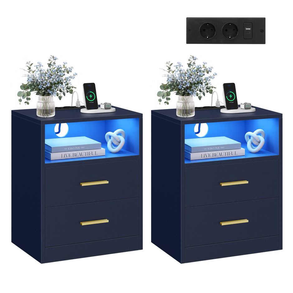Nachtkastjes – Set van 2 – Met Oplaadstation en LED-Verlichting – Lades – Antracietblauw
