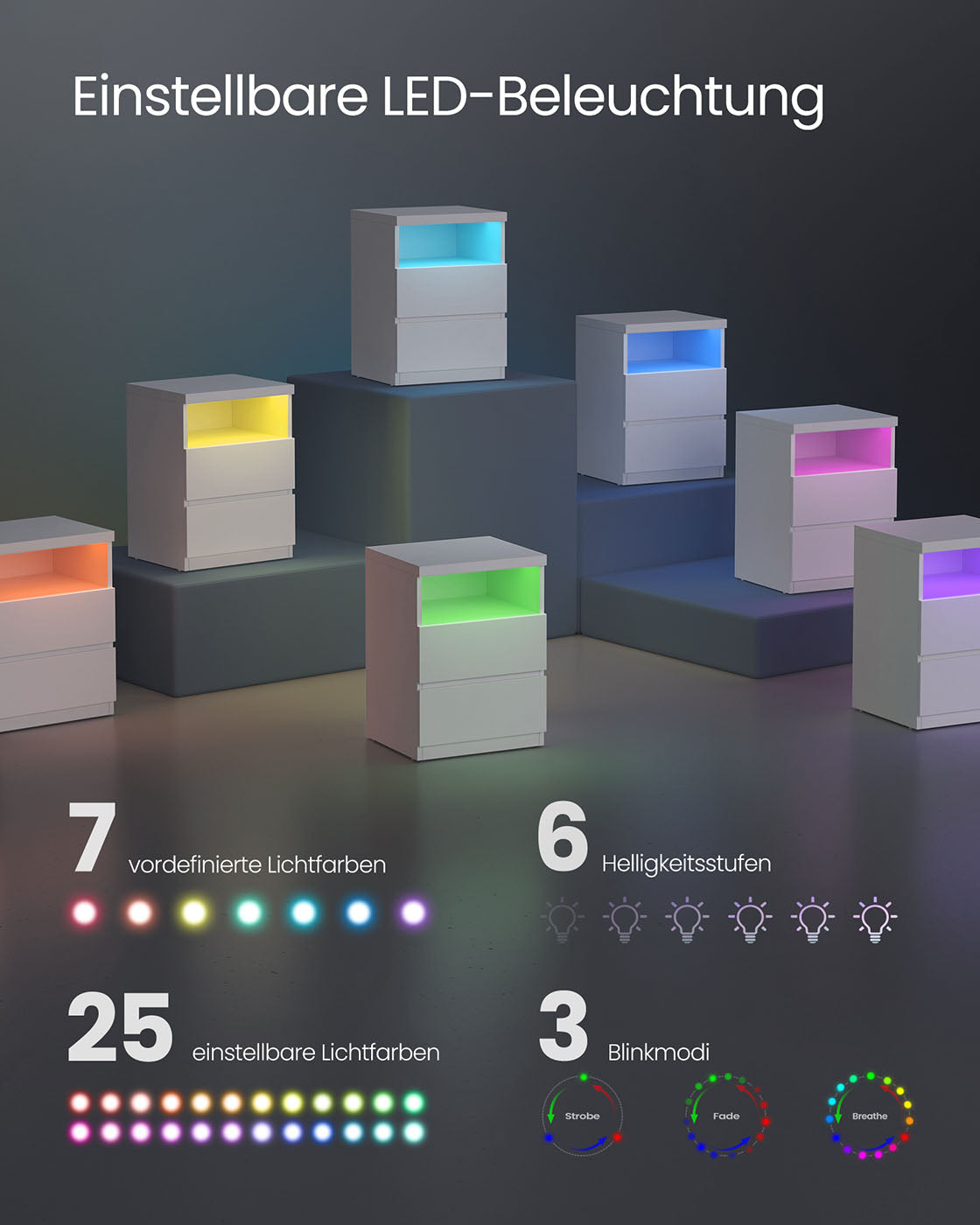 Sängbordsuppsättning av 2 med justerbar LED -belysning, Wolkwit