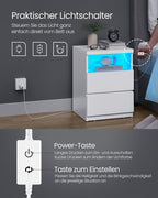 Sängbordsuppsättning av 2 med justerbar LED -belysning, Wolkwit